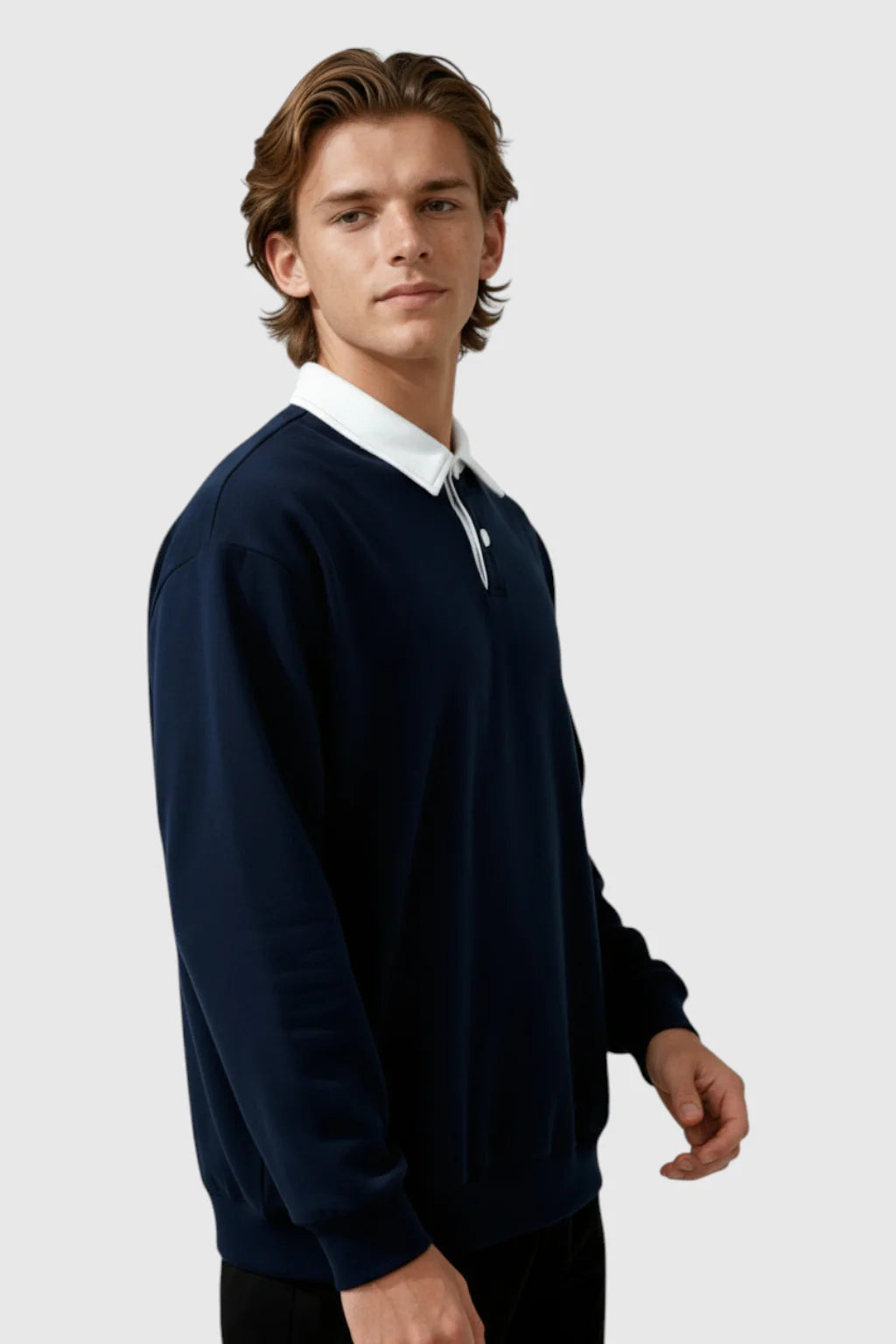 Men's Sweatshirt with Contrast Collar and Polo Neck – Dark Blue