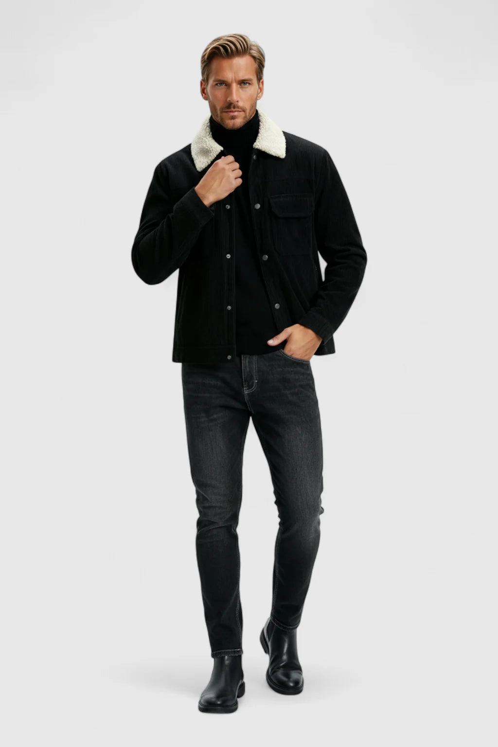 Men's Corduroy Jacket with Sherpa Collar and Snap Buttons - Black