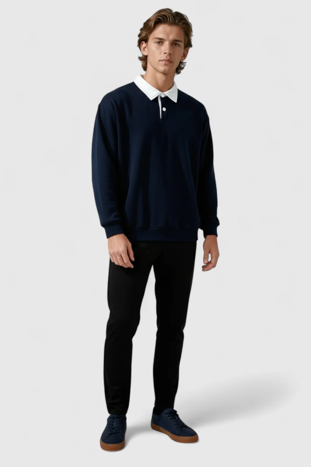 Men's Sweatshirt with Contrast Collar and Polo Neck – Dark Blue