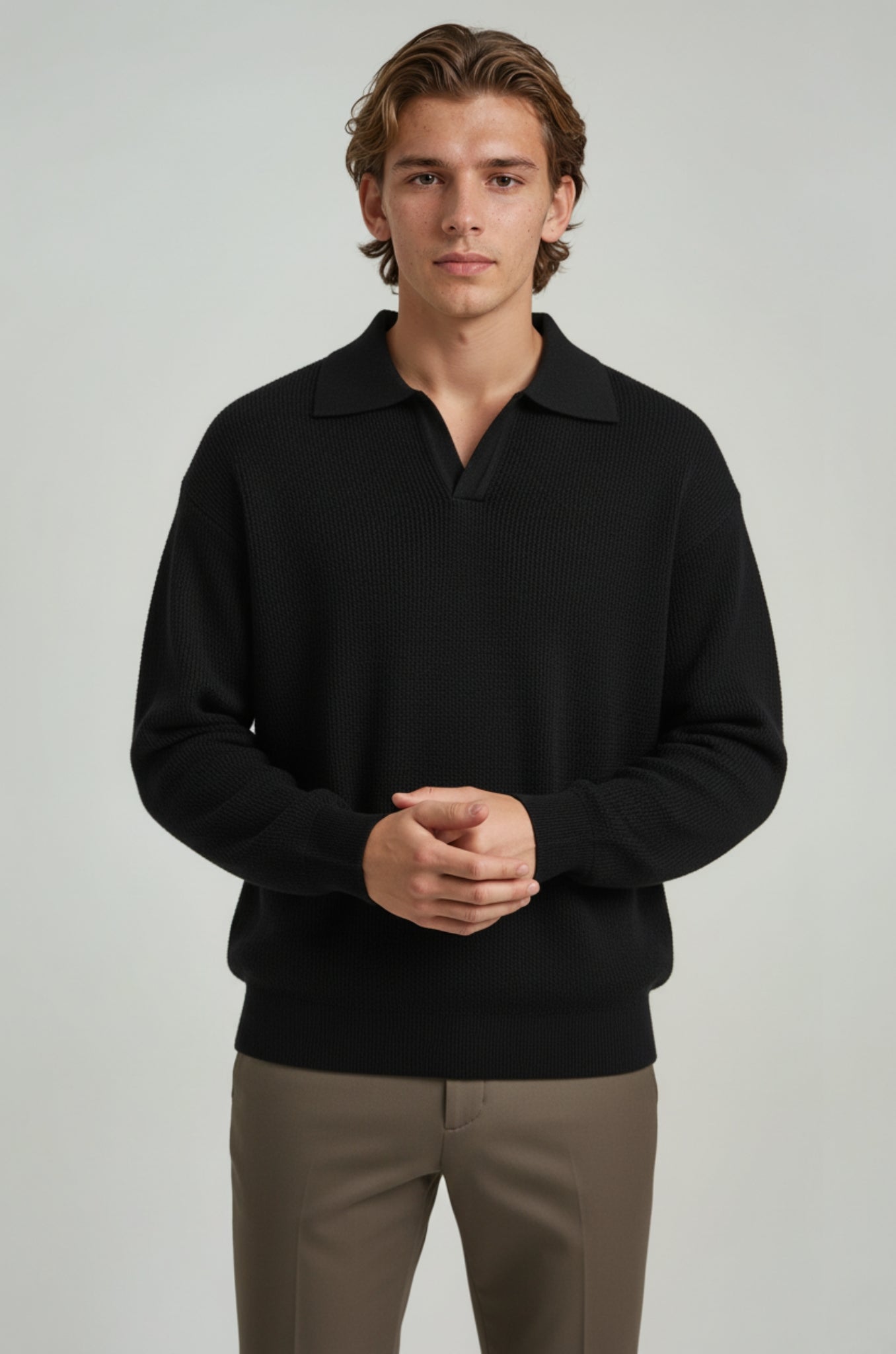 Men's knitted shirt with long sleeves and lapel collar – Black – Regular Fit