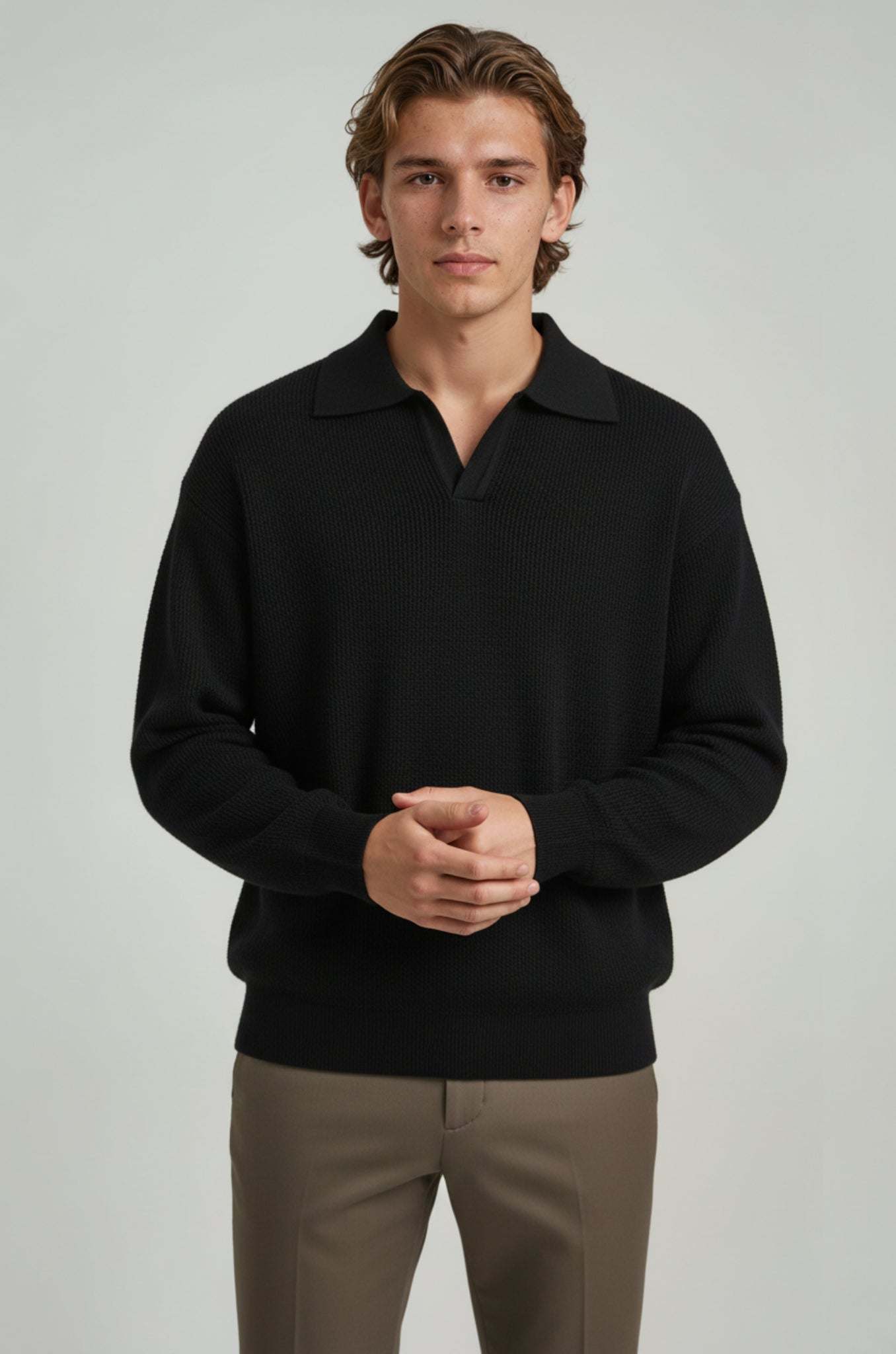 Knitted Shirt with Lapel Collar – Regular Fit Casual Knit Top with men