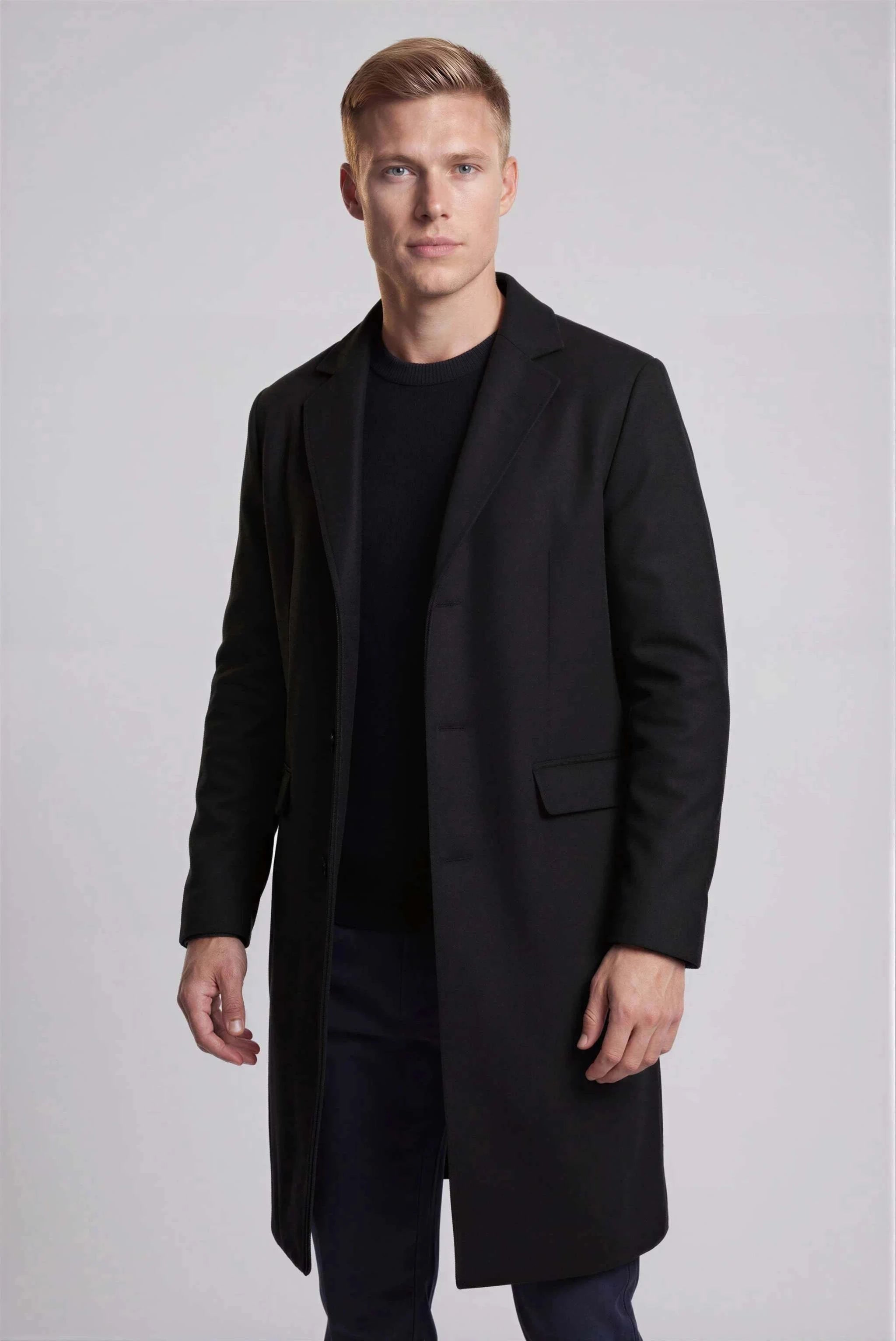 Black Long Coat for Men – Single-Breasted Design