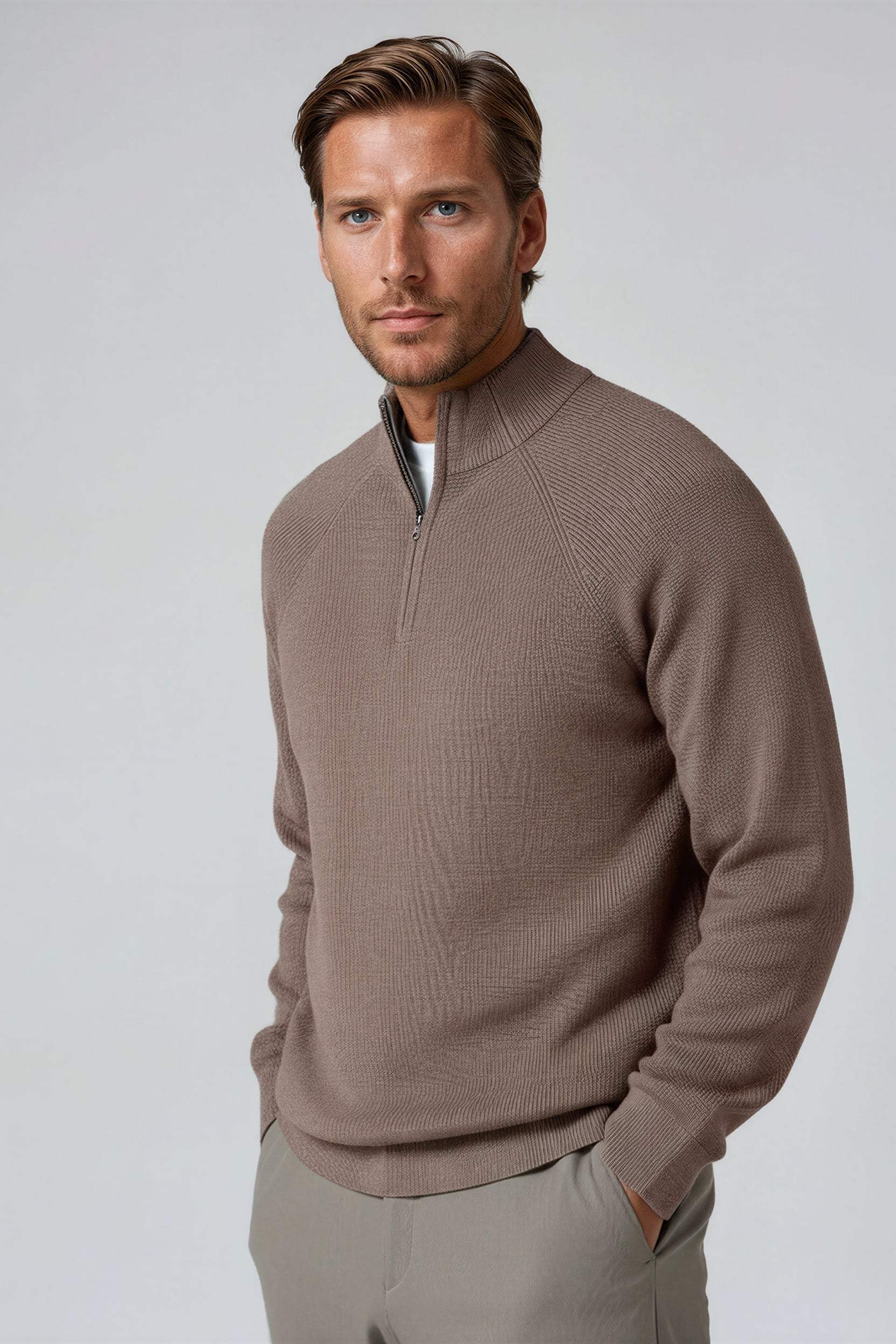 Men's Half-Zip Knit Sweater – Warm Classic Fit Pullover – Taupe Brown