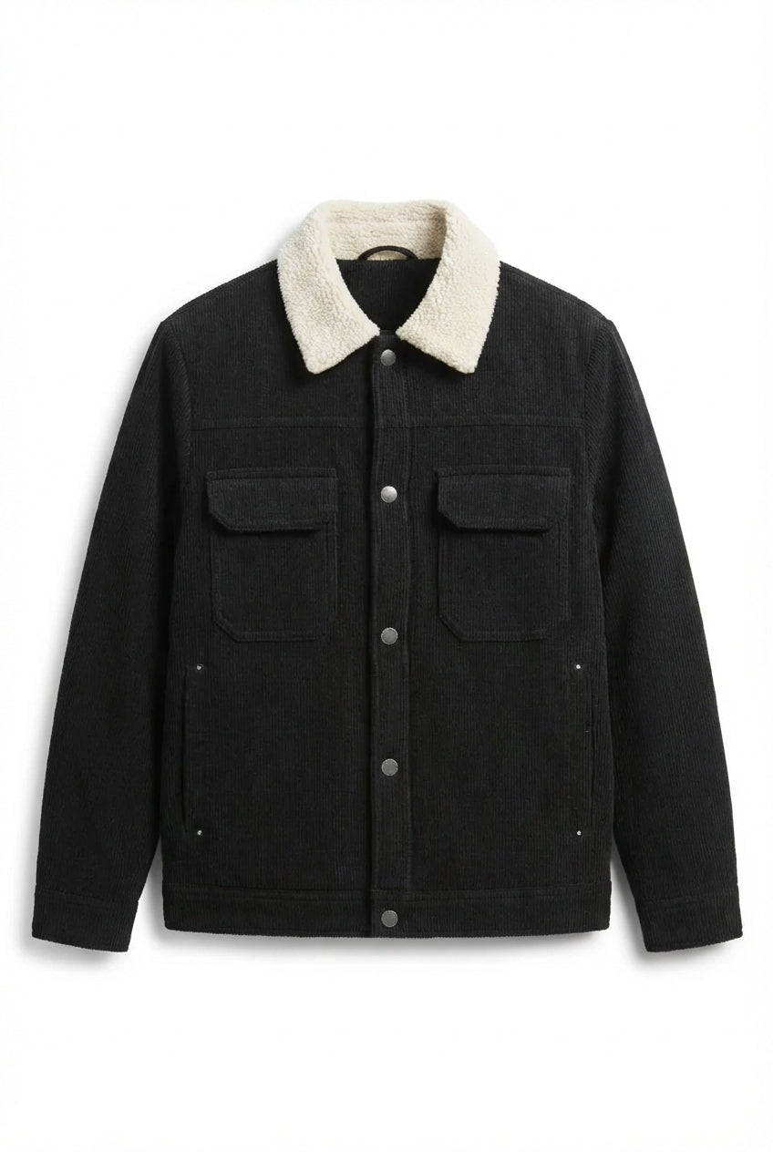 men's corduroy jacket - with Sherpa Collar and Snap Buttons - Black lo