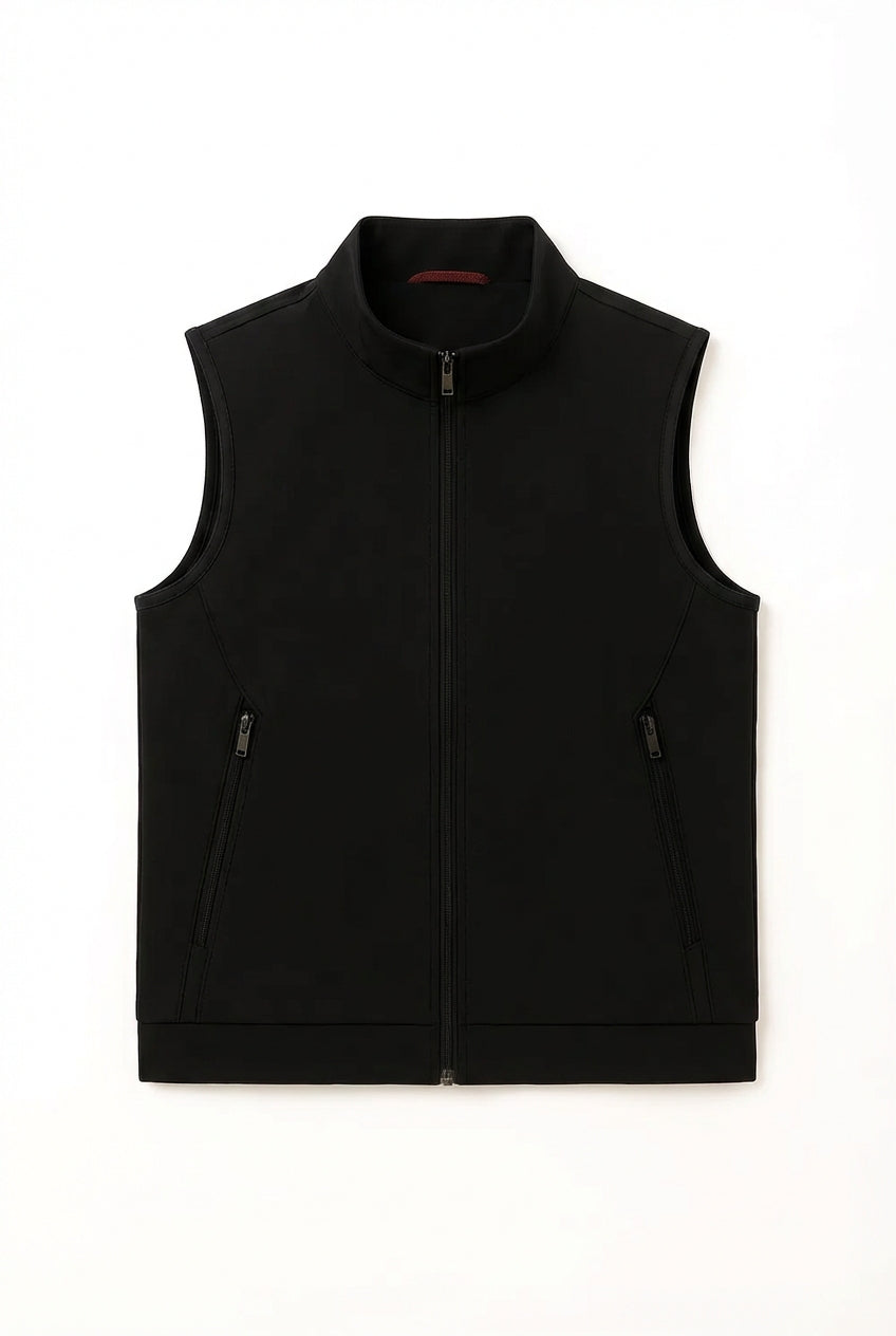 Casual Stand Collar Vest with Zipper – Black Cotton Blend
