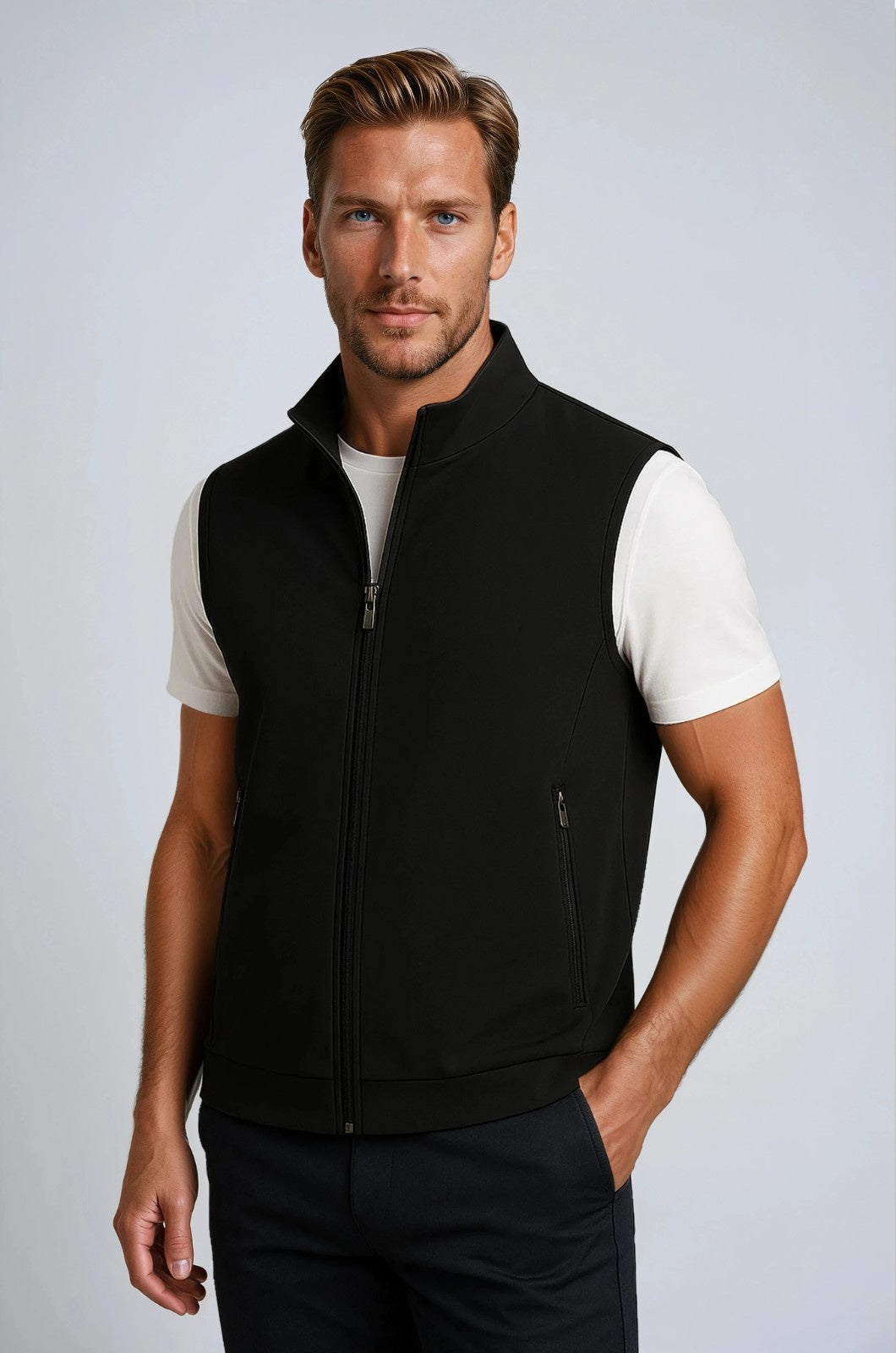 Casual Stand Collar Vest with Zipper – Black Cotton Blend