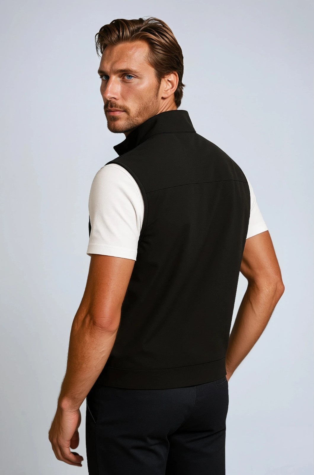 Casual Stand Collar Vest with Zipper – Black Cotton Blend