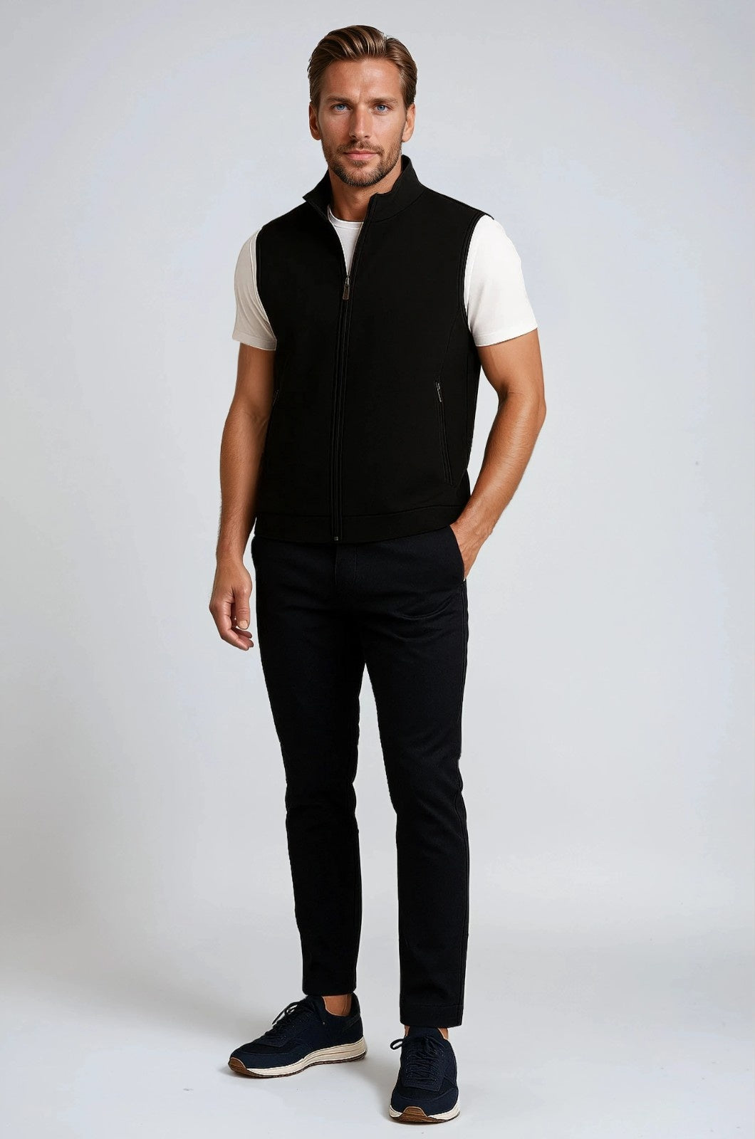 Casual Stand Collar Vest with Zipper – Black Cotton Blend