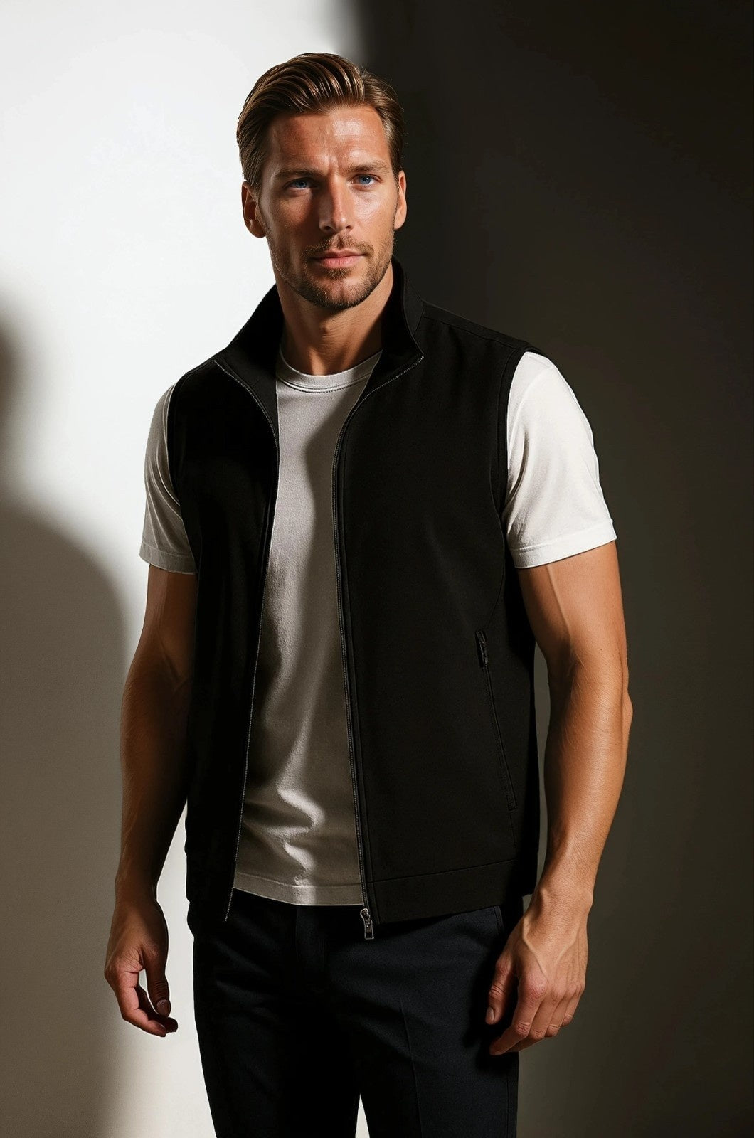 Casual Stand Collar Vest with Zipper – Black Cotton Blend