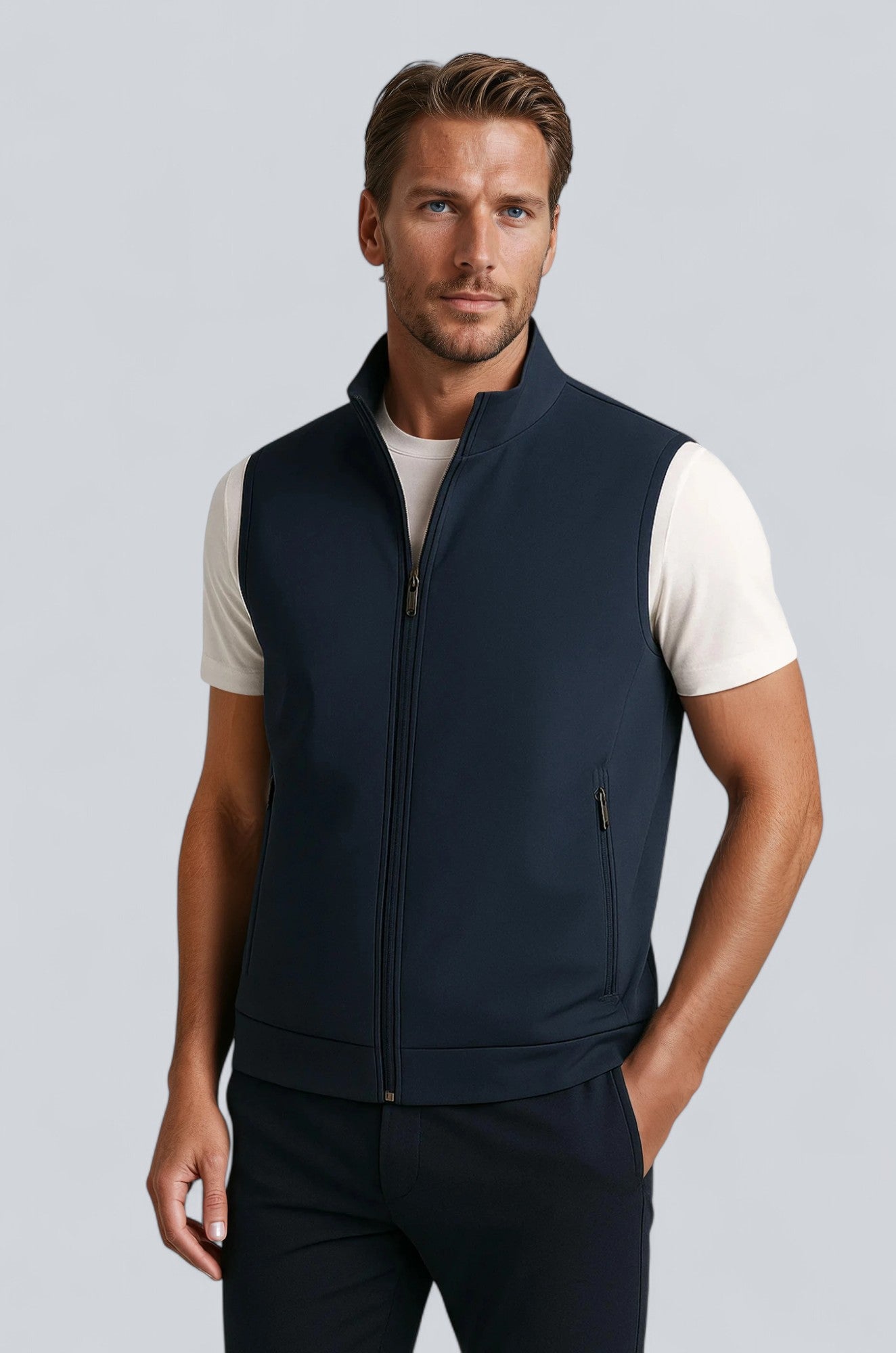 Casual Stand Collar Vest with Zipper – Navy Blue Cotton Blend