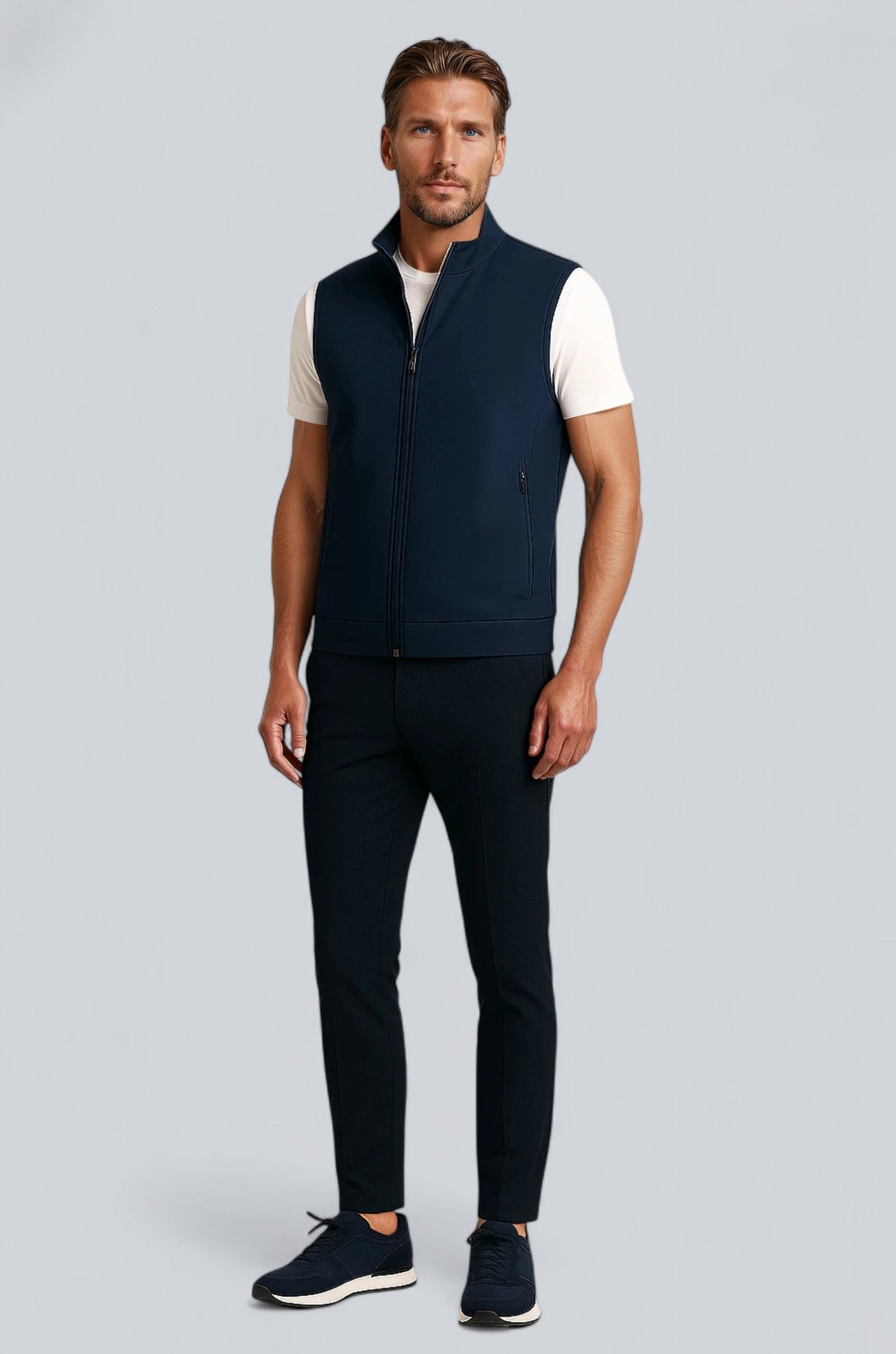 Casual Stand Collar Vest with Zipper – Navy Blue Cotton Blend