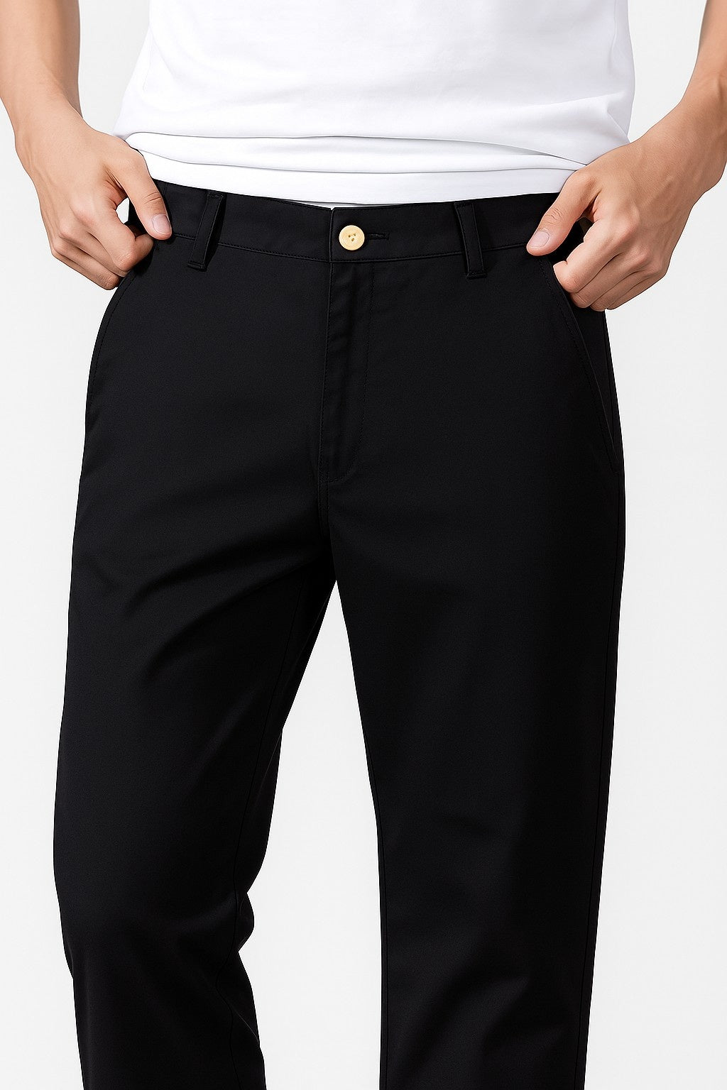 Trousers – Straight Fit Cotton with Stretch – Black – Four Seasons – Office & Casual