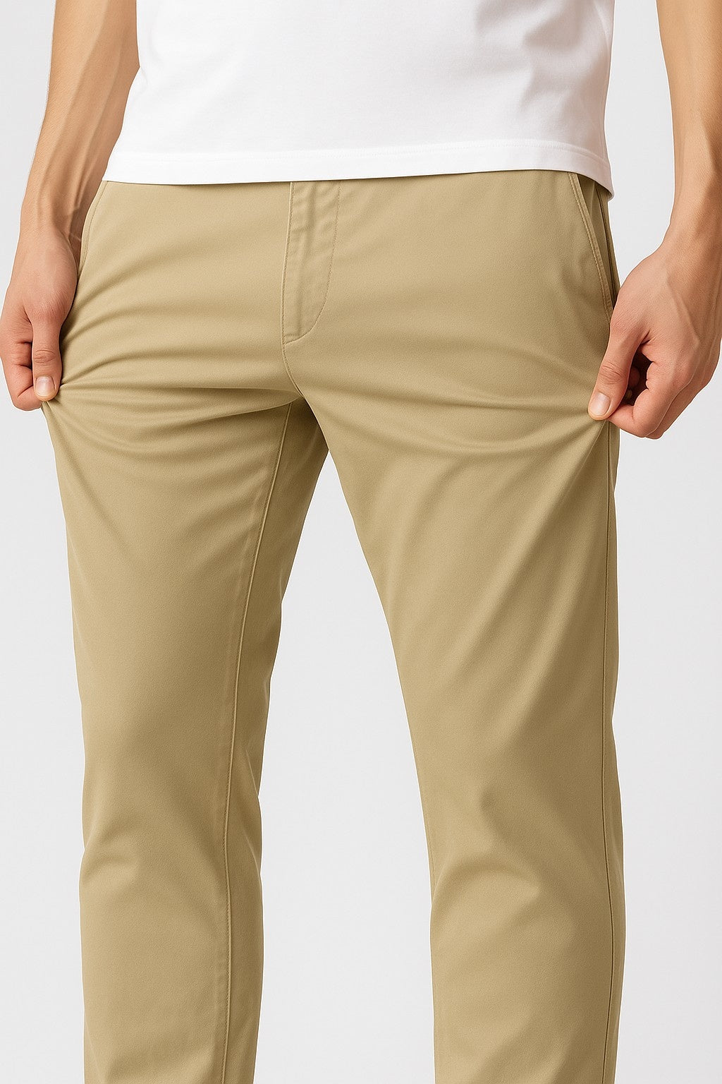 Trousers – Straight Fit Cotton with Stretch – Khaki – Four Seasons – Office & Casual