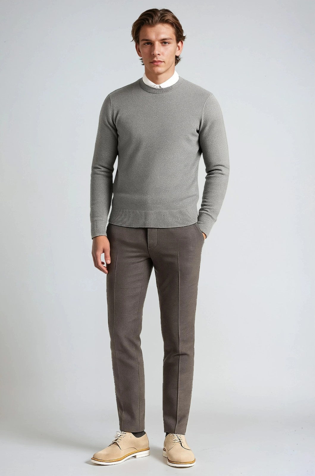 Men's Classic Crew Neck Pullover Sweater – Solid Color, Ribbed Details, Casual Fit – Gray