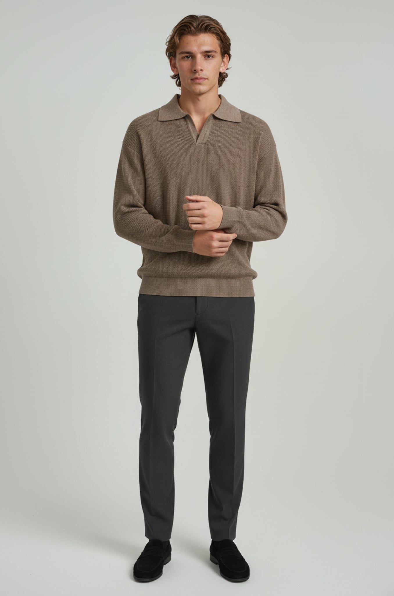 Men's Long Sleeve Knit Shirt with Lapel Collar – Taupe Brown – Regular Fit