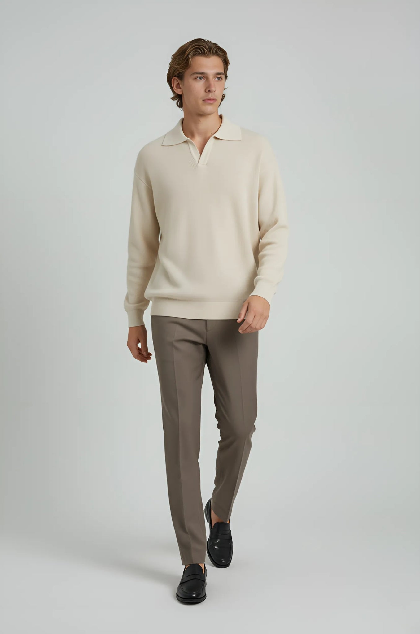 Men's Polo Knit Shirt with Long Sleeves and Collar – Cream – Regular Fit