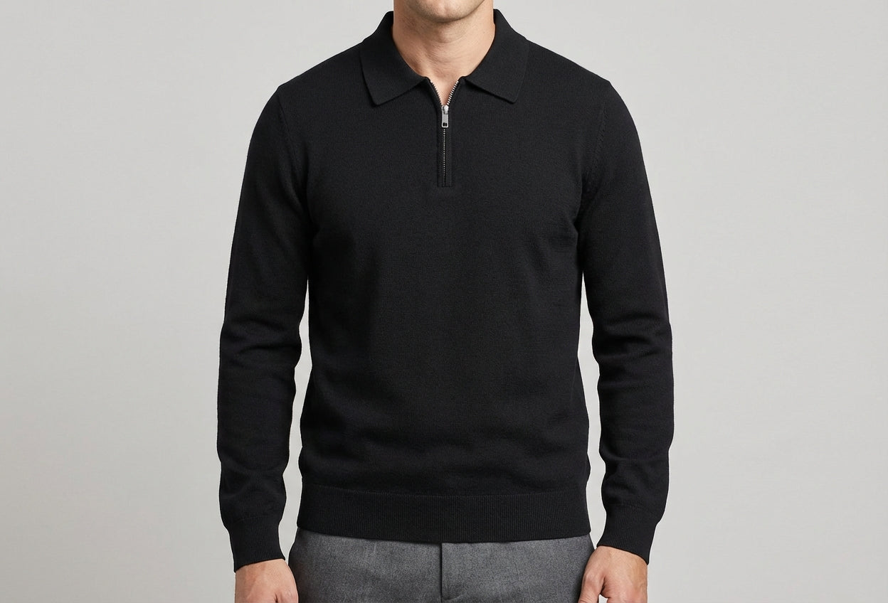 Chamberlain Wool Quarter Zip Polo - Black