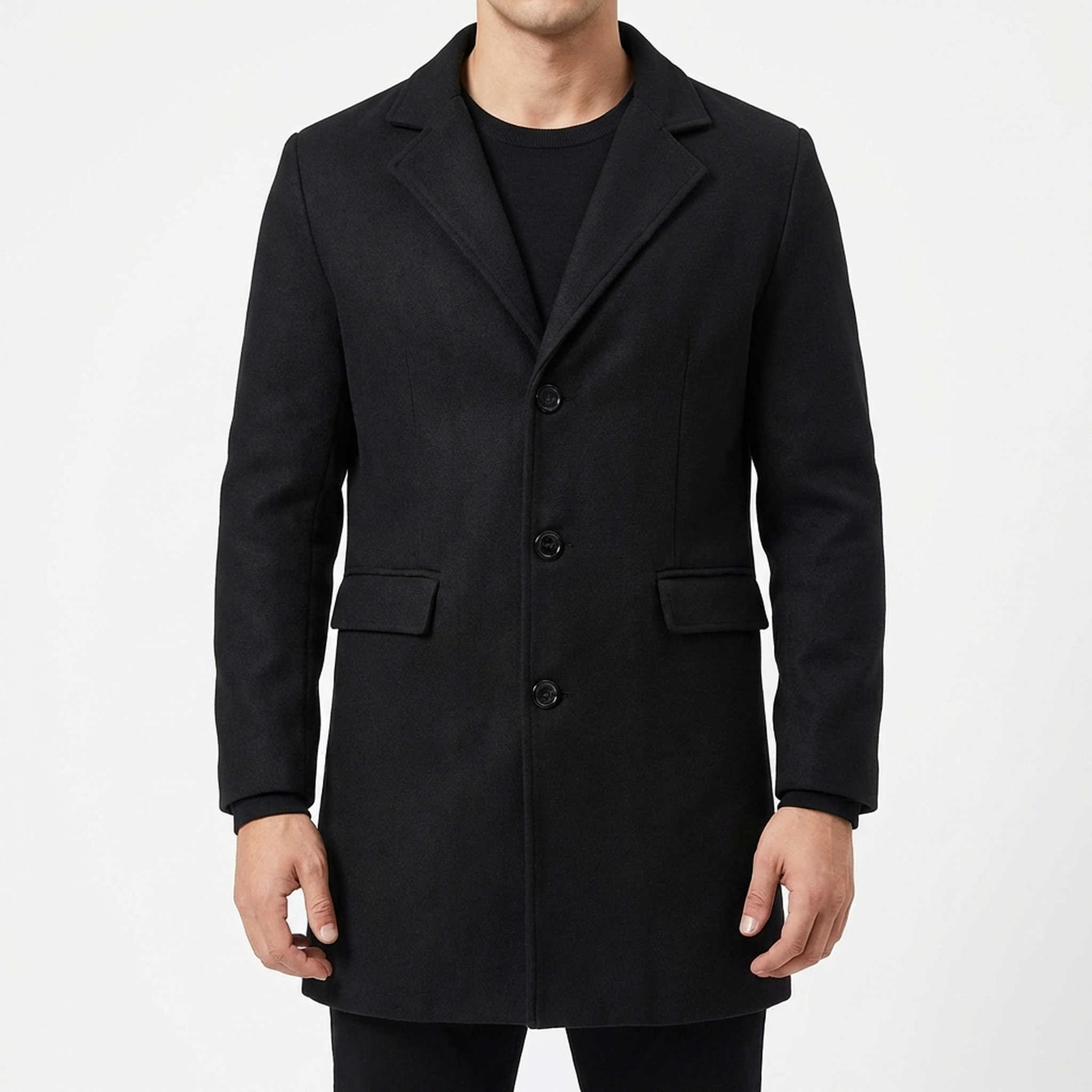 Black Long Coat for Men – Single-Breasted Design