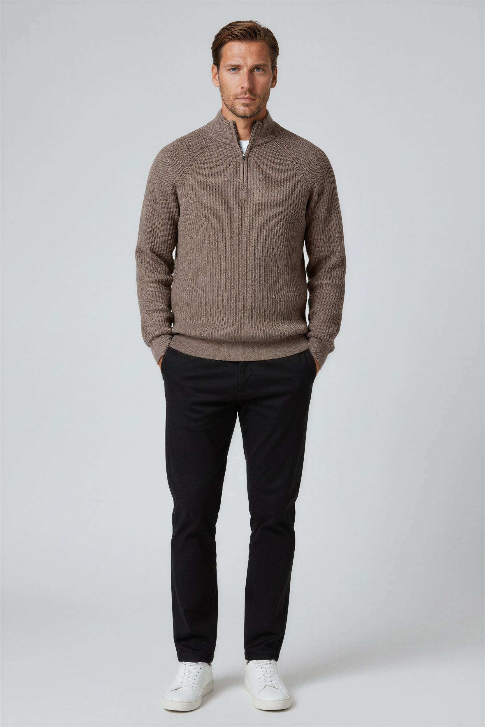 Men's Half-Zip Knit Sweater – Warm Classic Fit Pullover – Taupe Brown