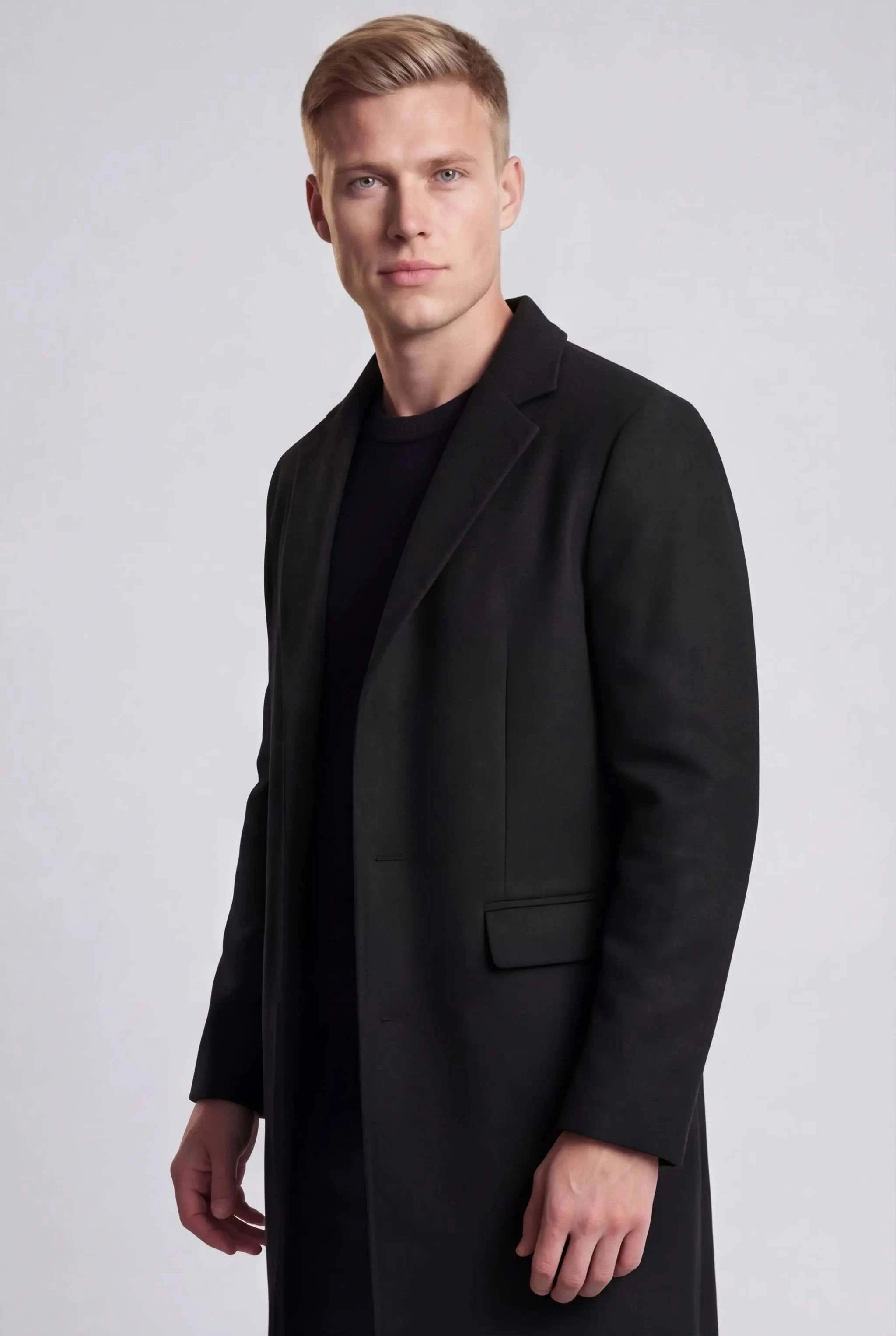 Black Long Coat for Men – Single-Breasted Design