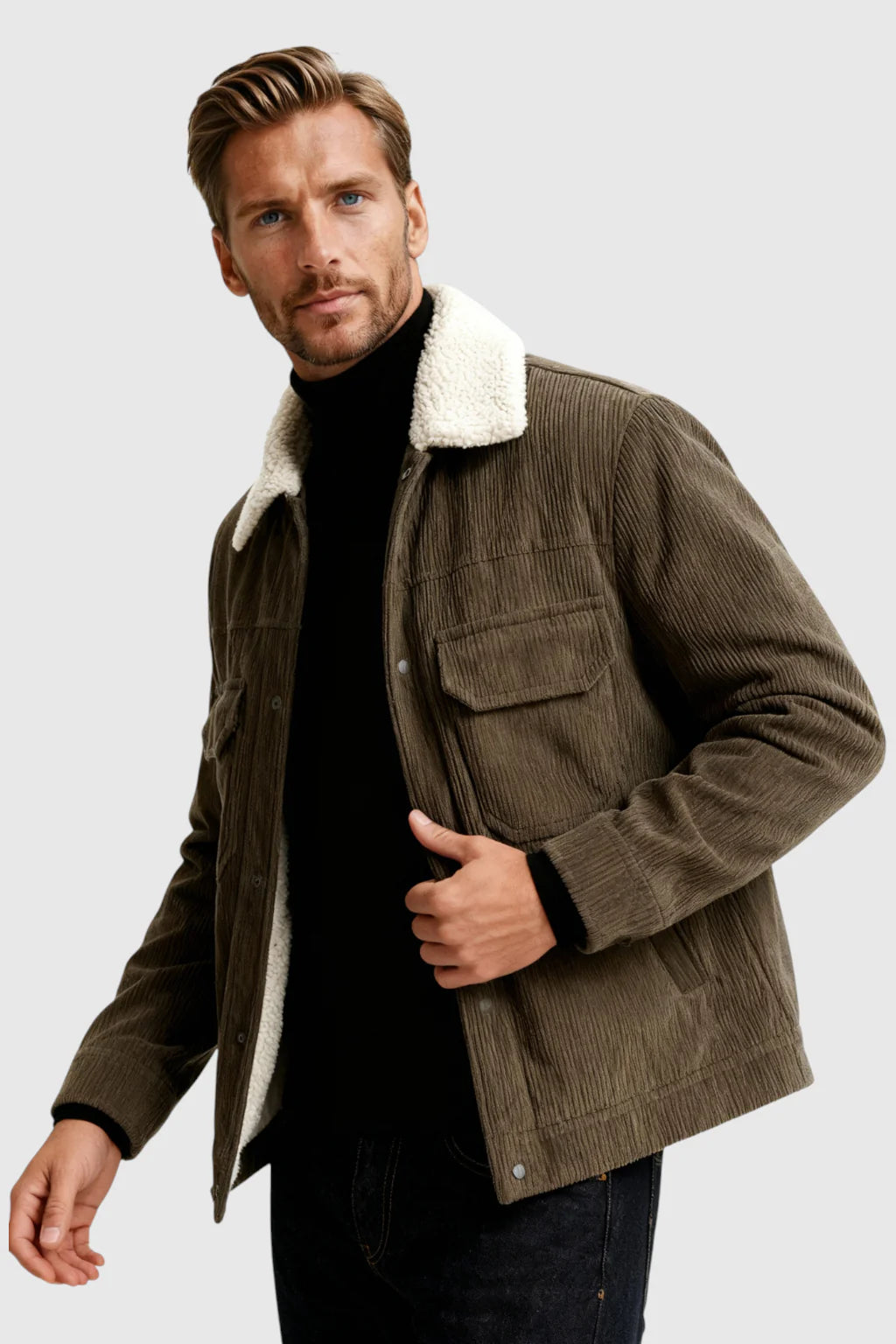 Men's Corduroy Jacket with Sherpa Collar and Snap Buttons - Coffee Brown