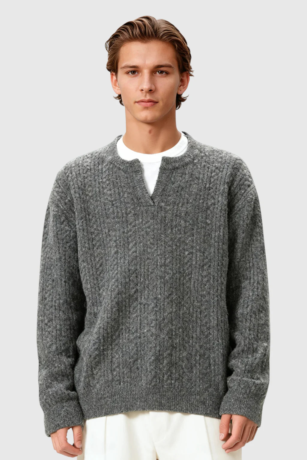 Men's Cable Knit Sweater with Small V-Neck – Taikoo Gray