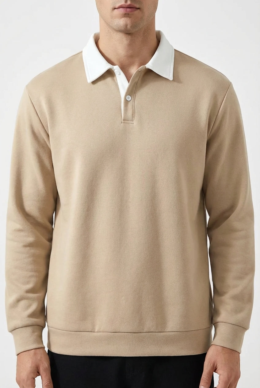 Men's Sweatshirt with Contrast Collar and Polo Neck – Beige