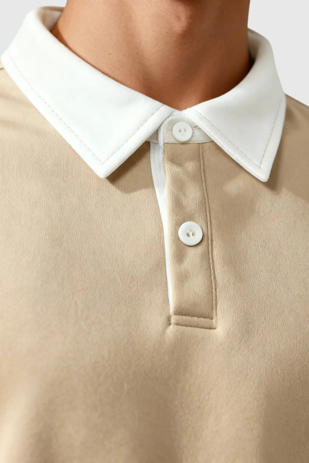 Men's Sweatshirt with Contrast Collar and Polo Neck – Beige
