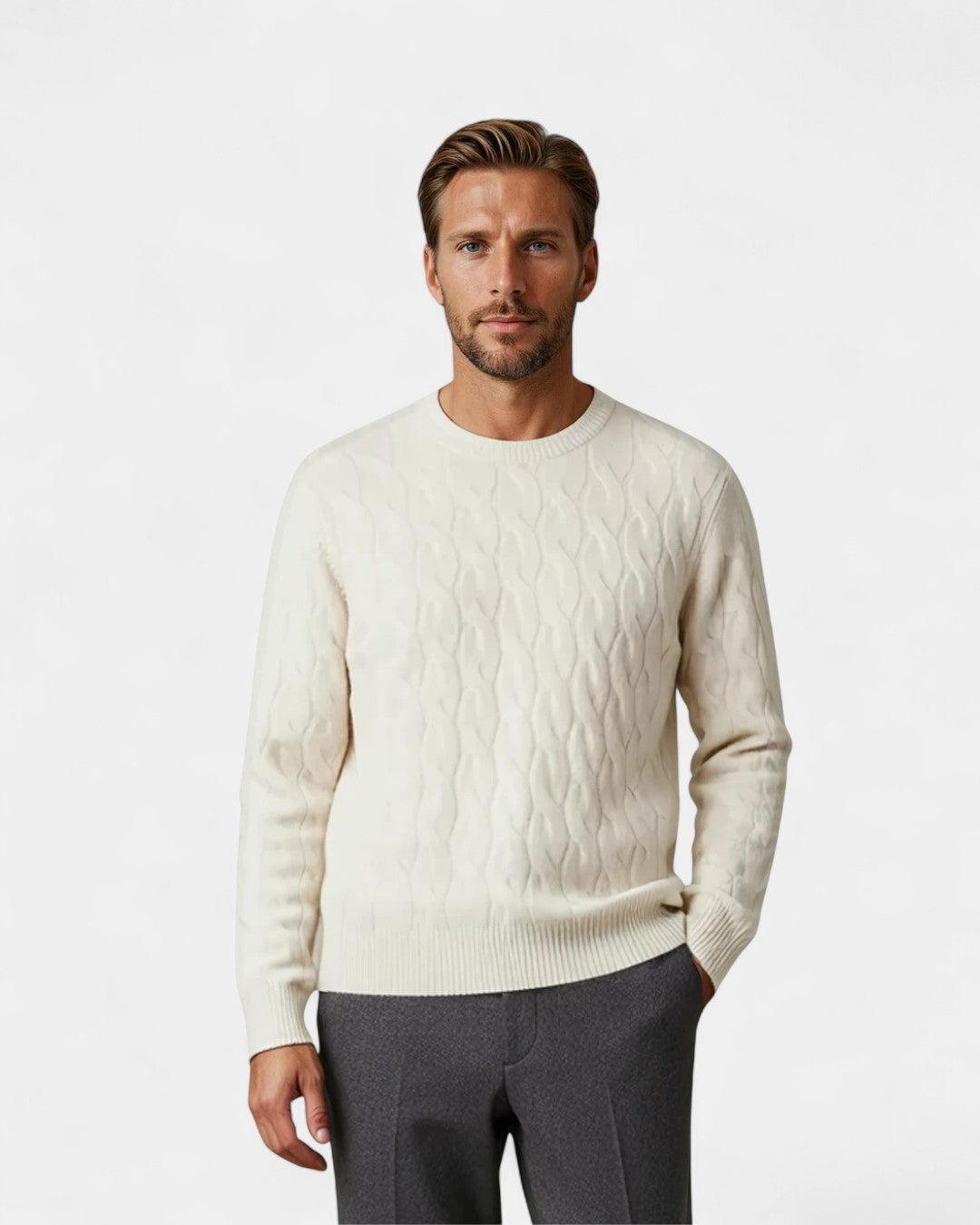 Cable-Knit Wool Crewneck Sweater - White
