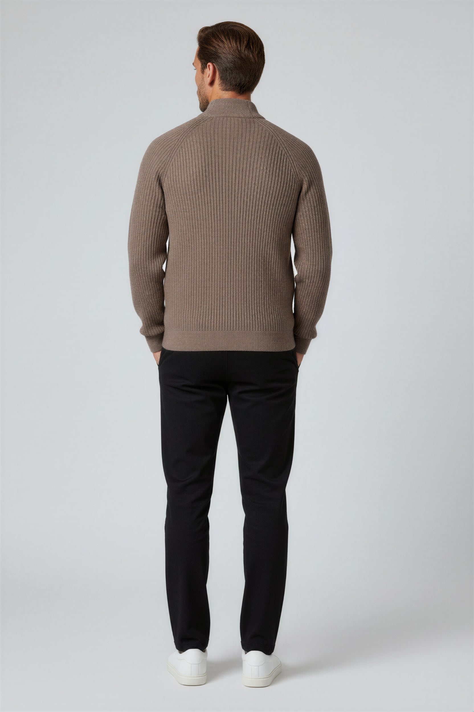 Men's Half-Zip Knit Sweater with Stand Collar – Taupe Brown