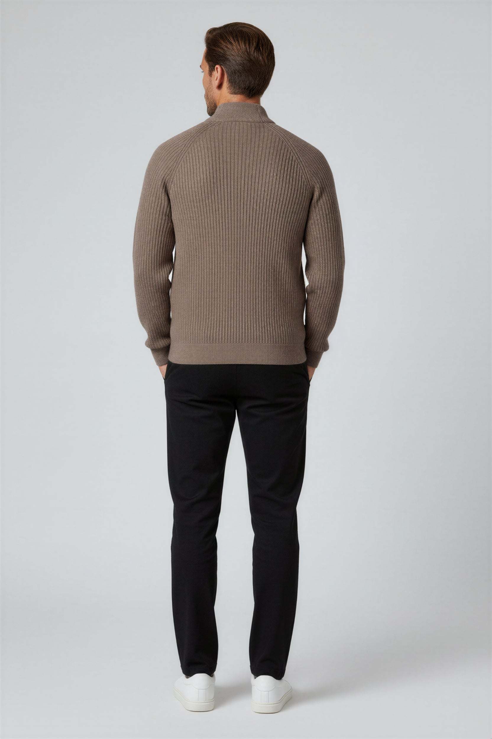 Men's Half-Zip Knit Sweater – Warm Classic Fit Pullover – Taupe Brown