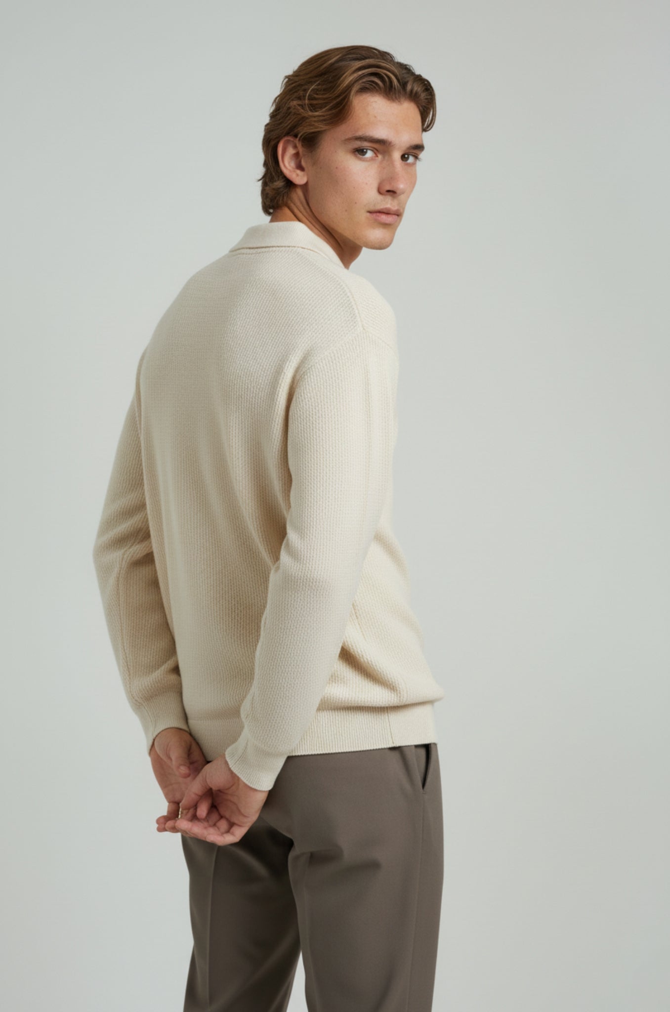 Men's Polo Knit Shirt with Long Sleeves and Collar – Cream – Regular Fit