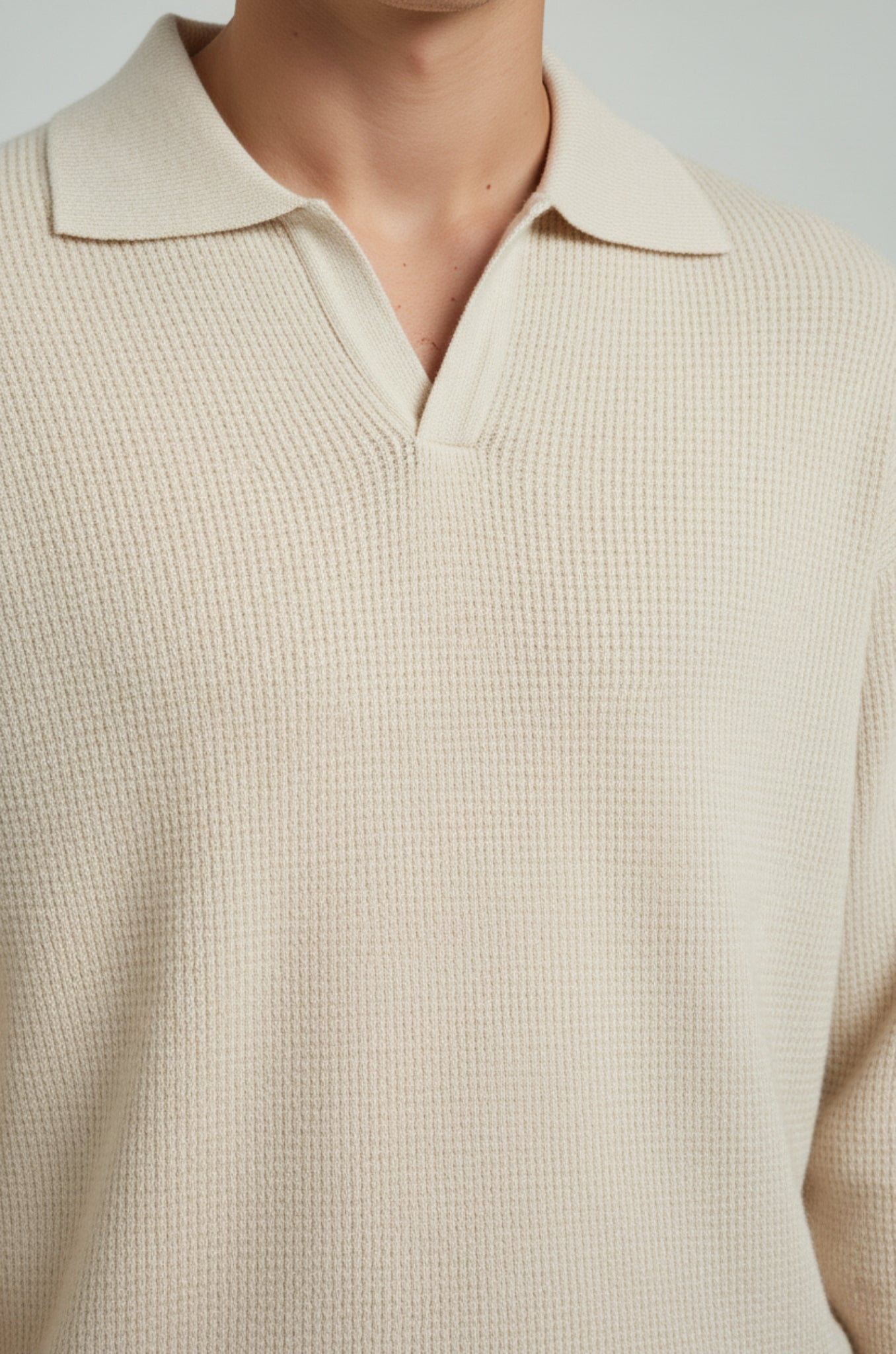 Men's Polo Knit Shirt with Long Sleeves and Collar – Cream – Regular Fit