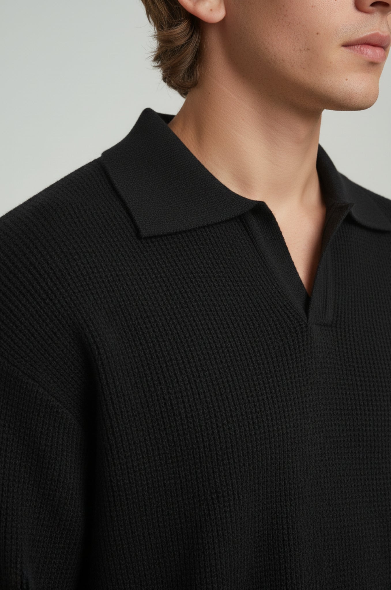 Men's knitted shirt with long sleeves and lapel collar – Black – Regular Fit