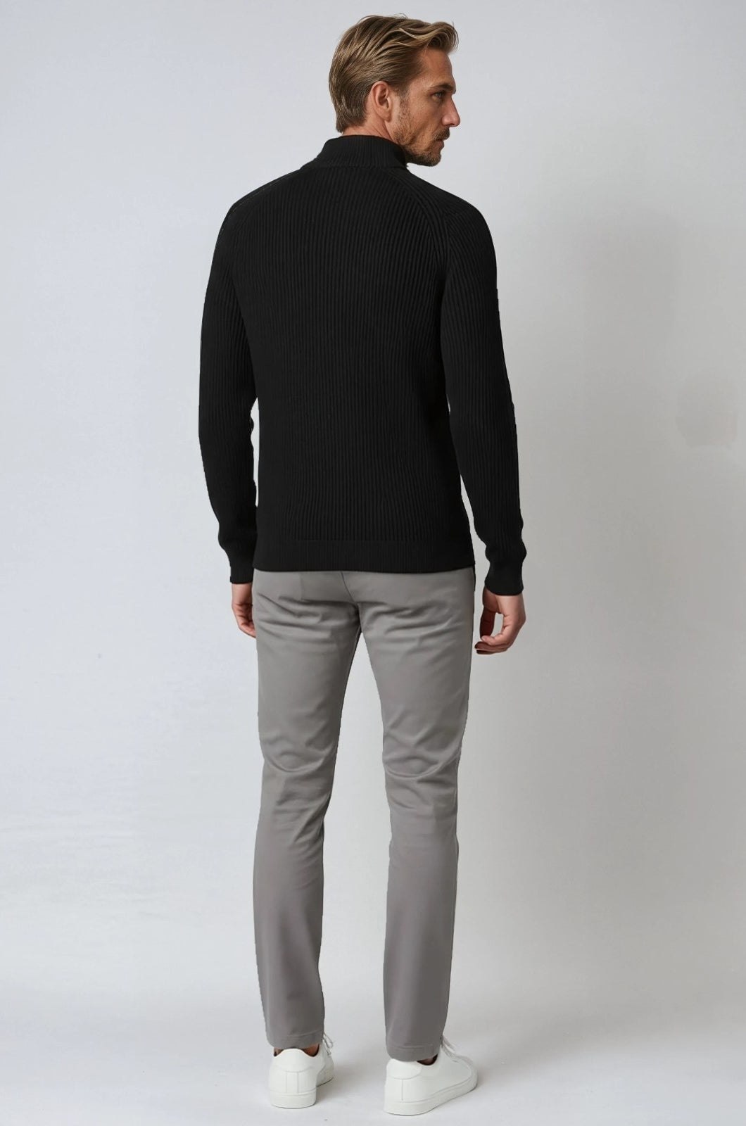 Men's Half-Zip Knit Sweater with Stand Collar – Black