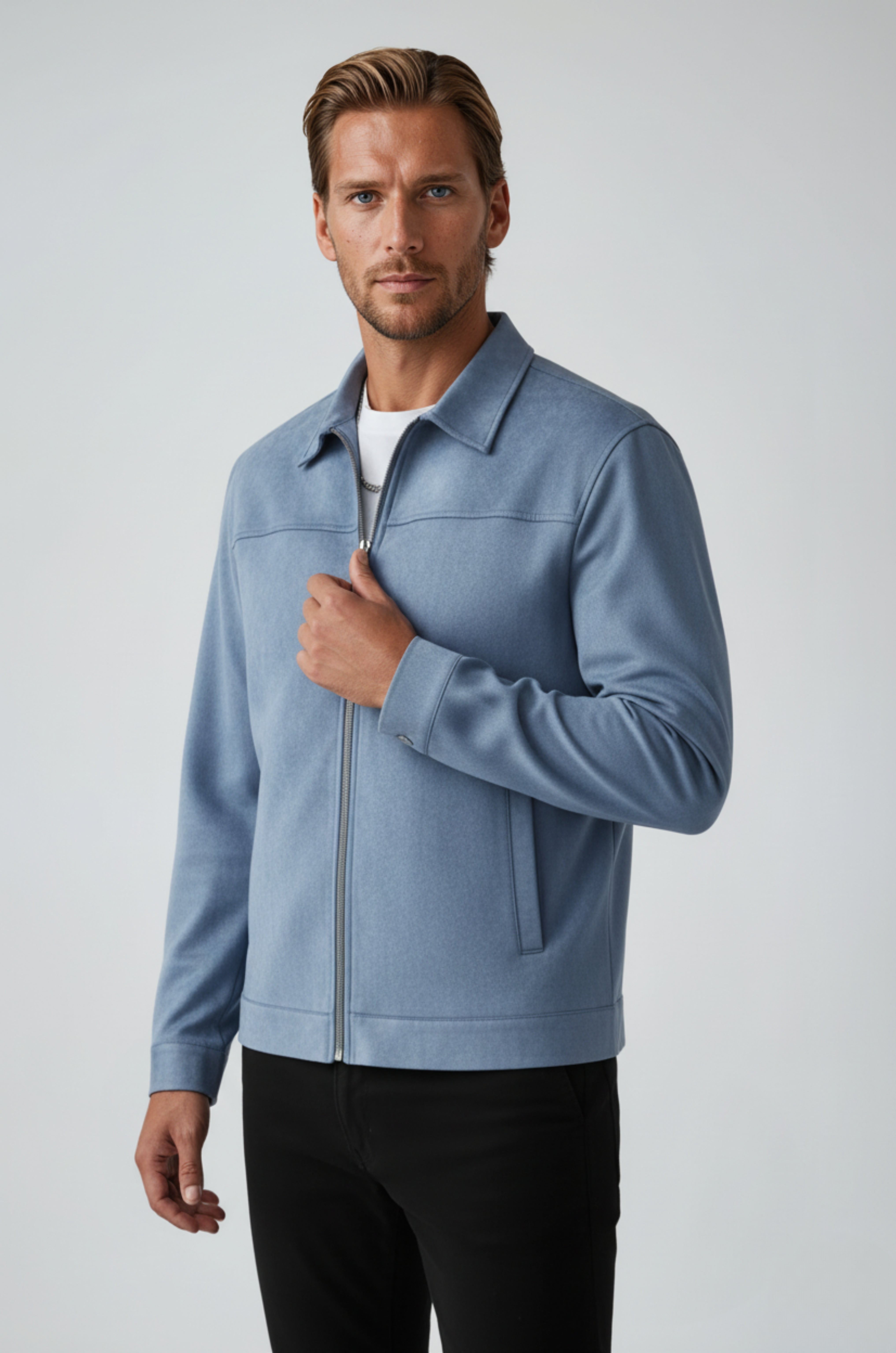 Dusty Blue Suede Jacket for Men – Elegant and Versatile Everyday Jacket
