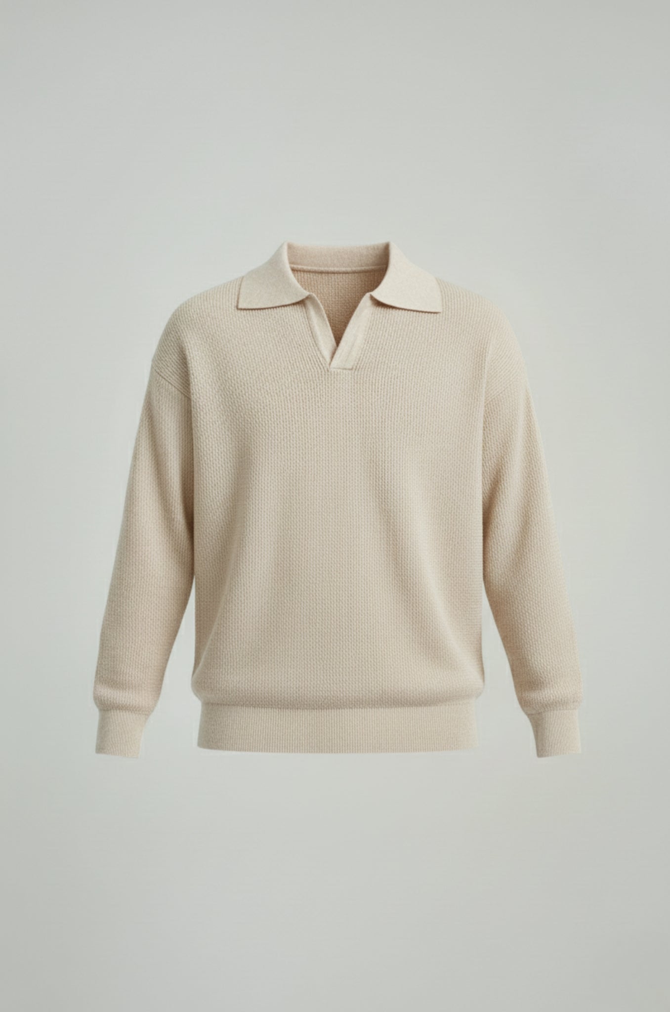 Men's Polo Knit Shirt with Long Sleeves and Collar – Cream – Regular Fit