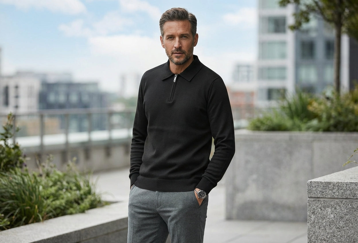 Chamberlain Wool Quarter Zip Polo - Black
