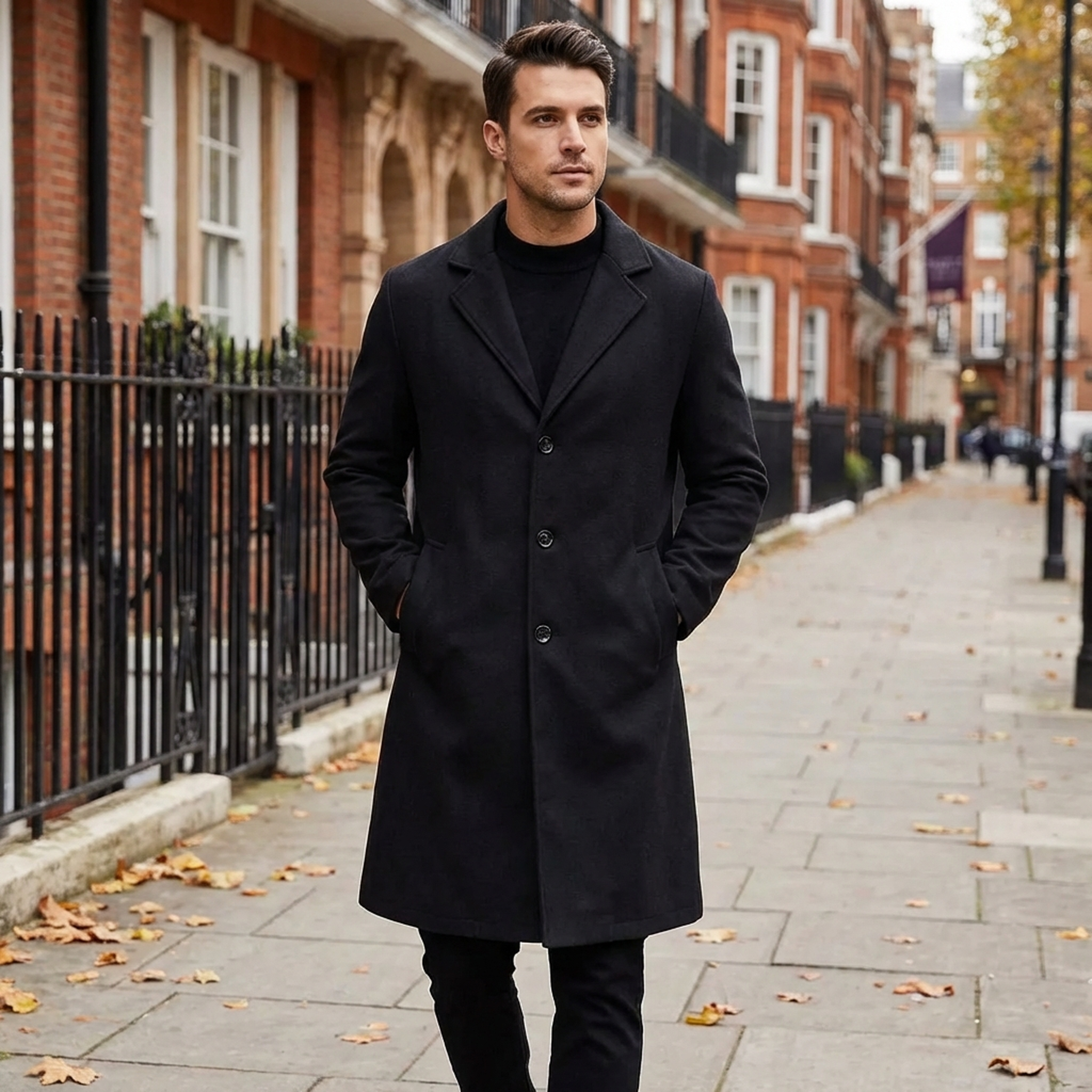 Black Long Coat for Men – Single-Breasted Design