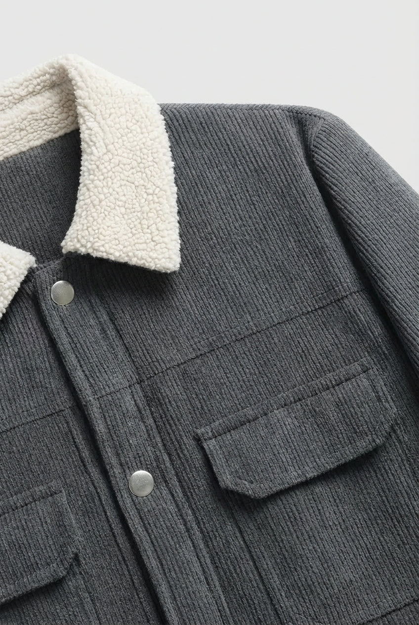 Men's Corduroy Jacket with Sherpa Collar and Snap Buttons - Dark Charcoal Gray