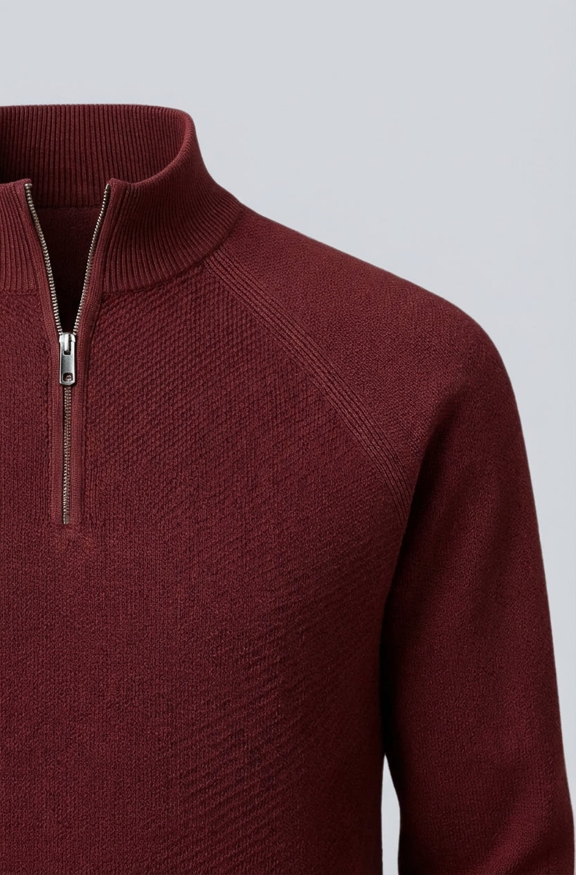 Men's Half-Zip Sweater with Stand-Up Collar – Burgundy