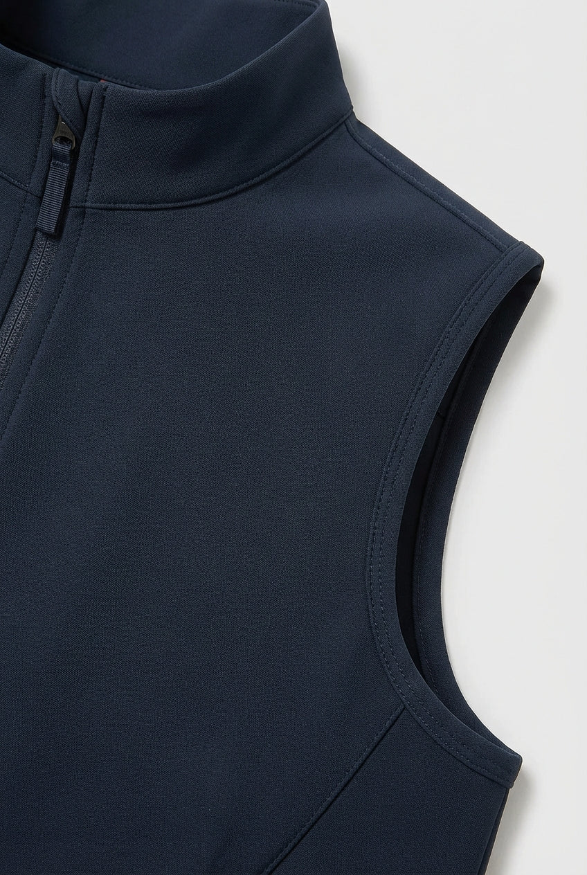 Casual Stand Collar Vest with Zipper – Navy Blue Cotton Blend