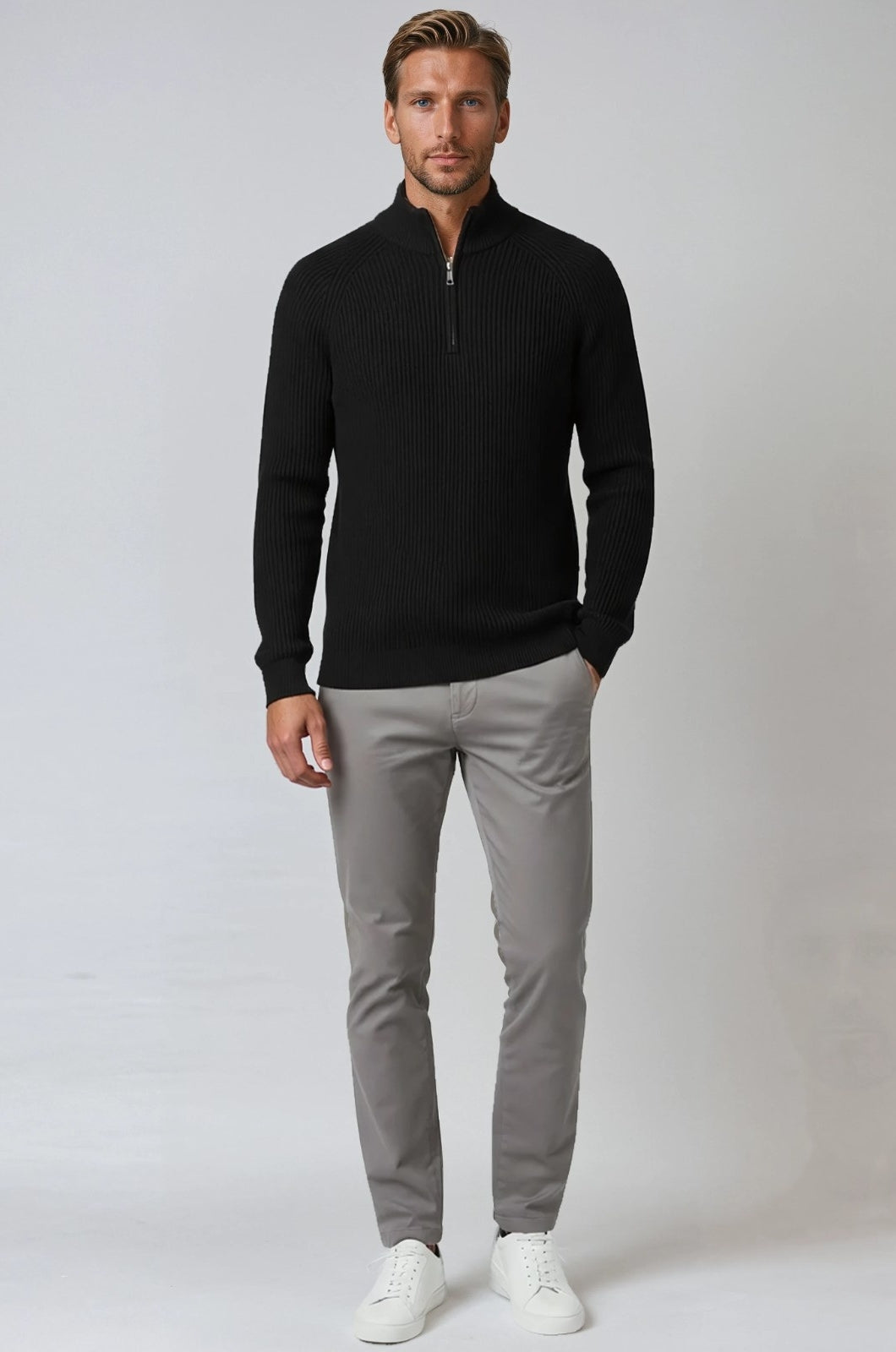 Men's Half-Zip Knit Sweater with Stand Collar – Black