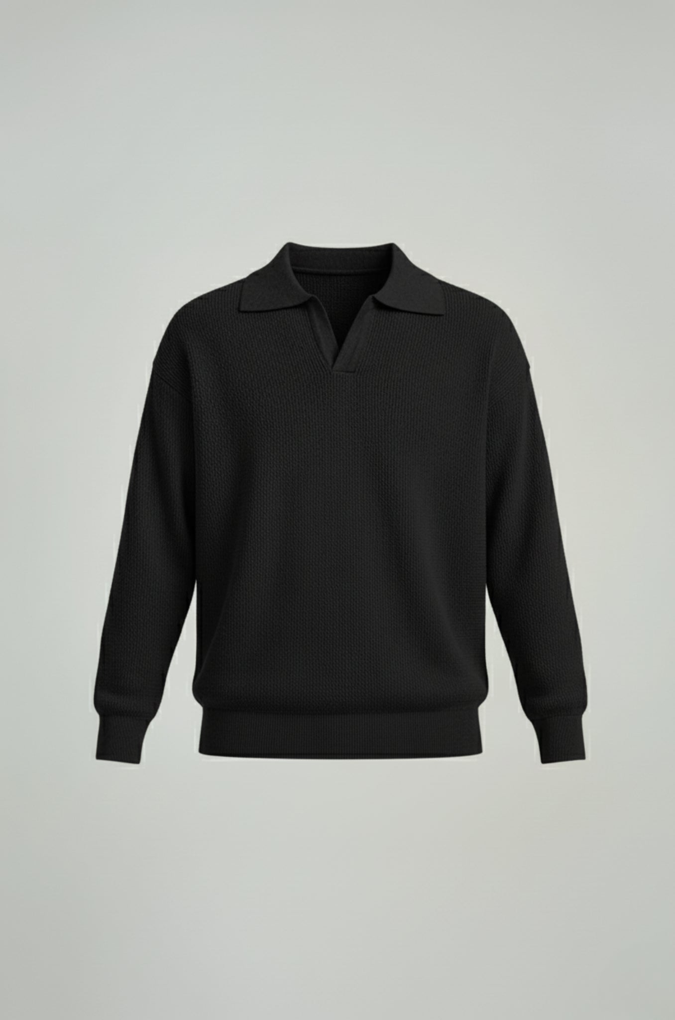 Men's knitted shirt with long sleeves and lapel collar – Black – Regular Fit