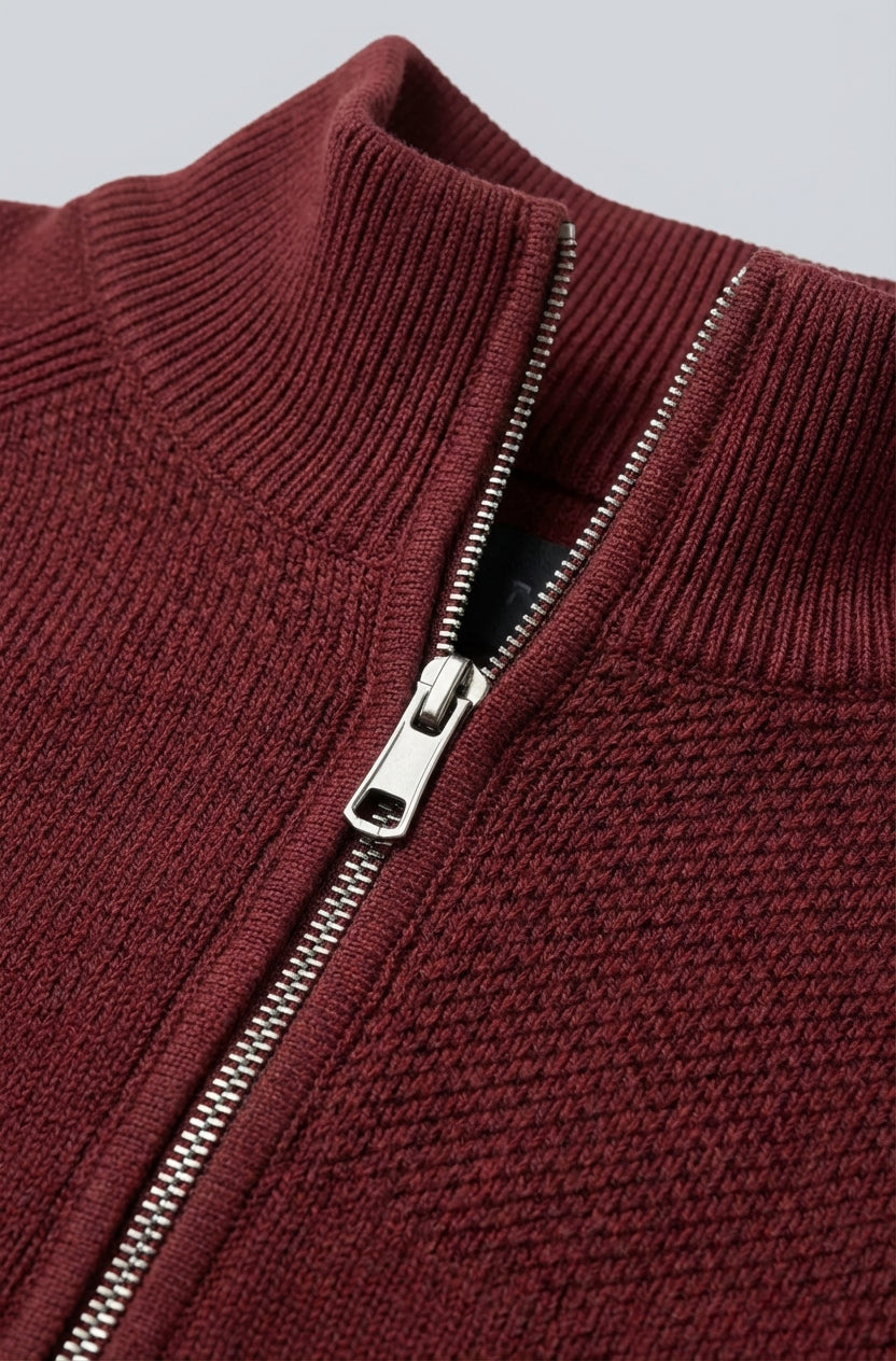 Men's Half-Zip Sweater with Stand-Up Collar – Burgundy