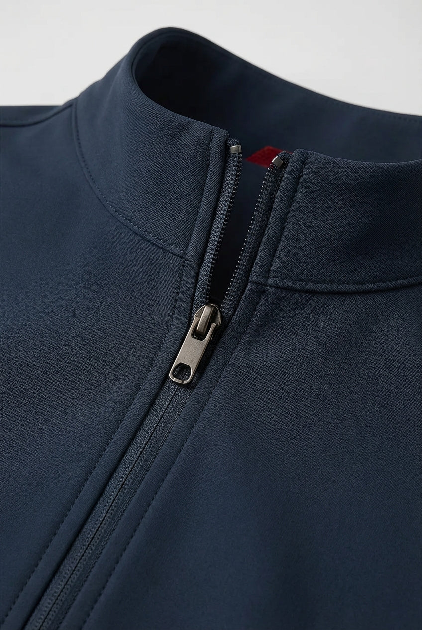 Casual Stand Collar Vest with Zipper – Navy Blue Cotton Blend