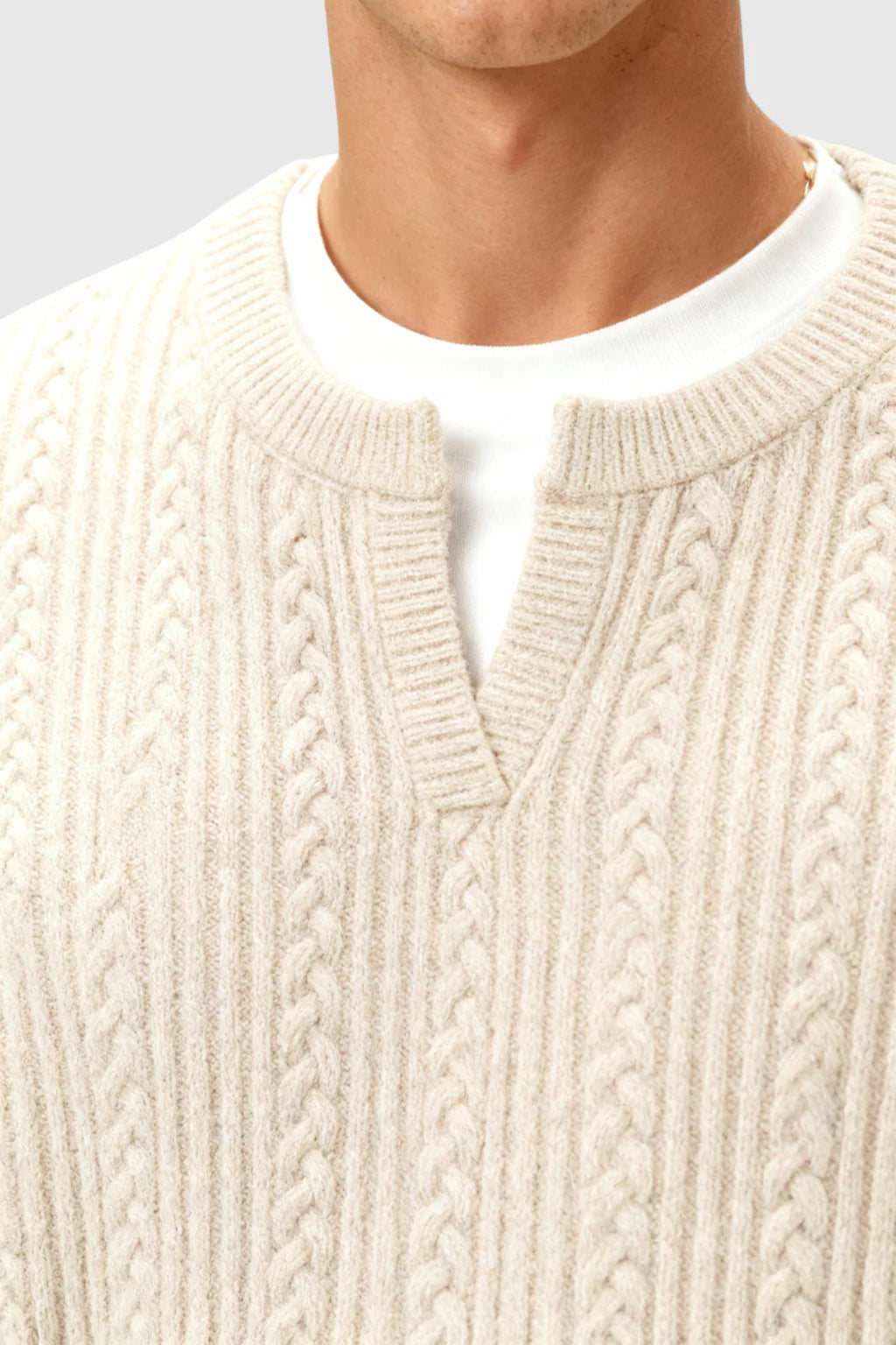 Men's Cable Knit Sweater with Small V-Neck – Oatmeal
