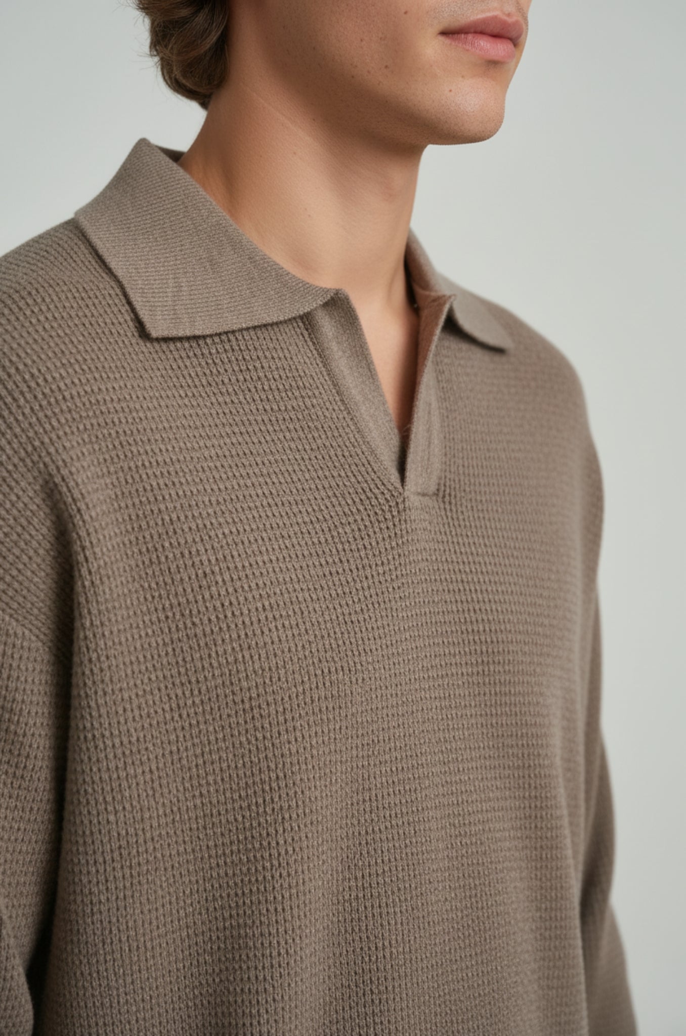 Men's Long Sleeve Knit Shirt with Lapel Collar – Taupe Brown – Regular Fit