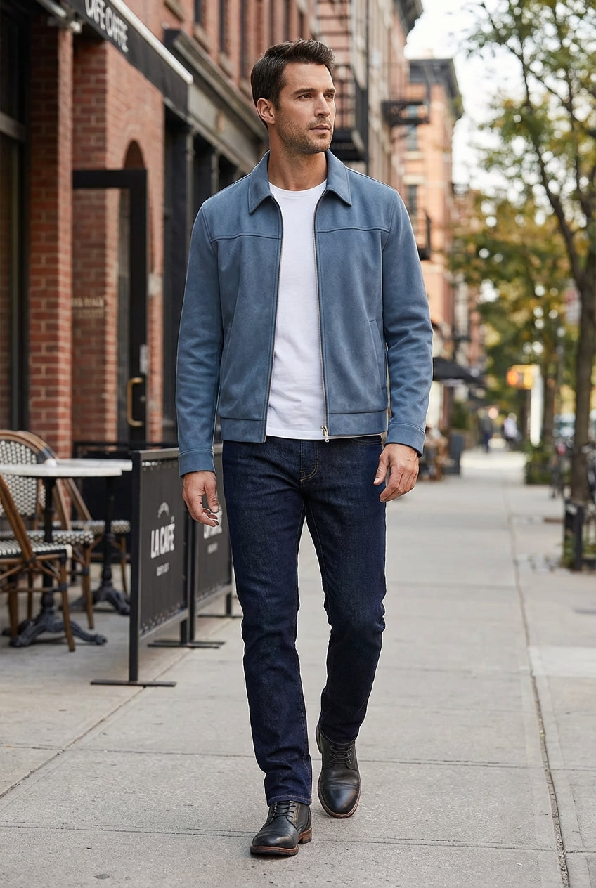 Dusty Blue Suede Jacket for Men – Elegant and Versatile Everyday Jacket