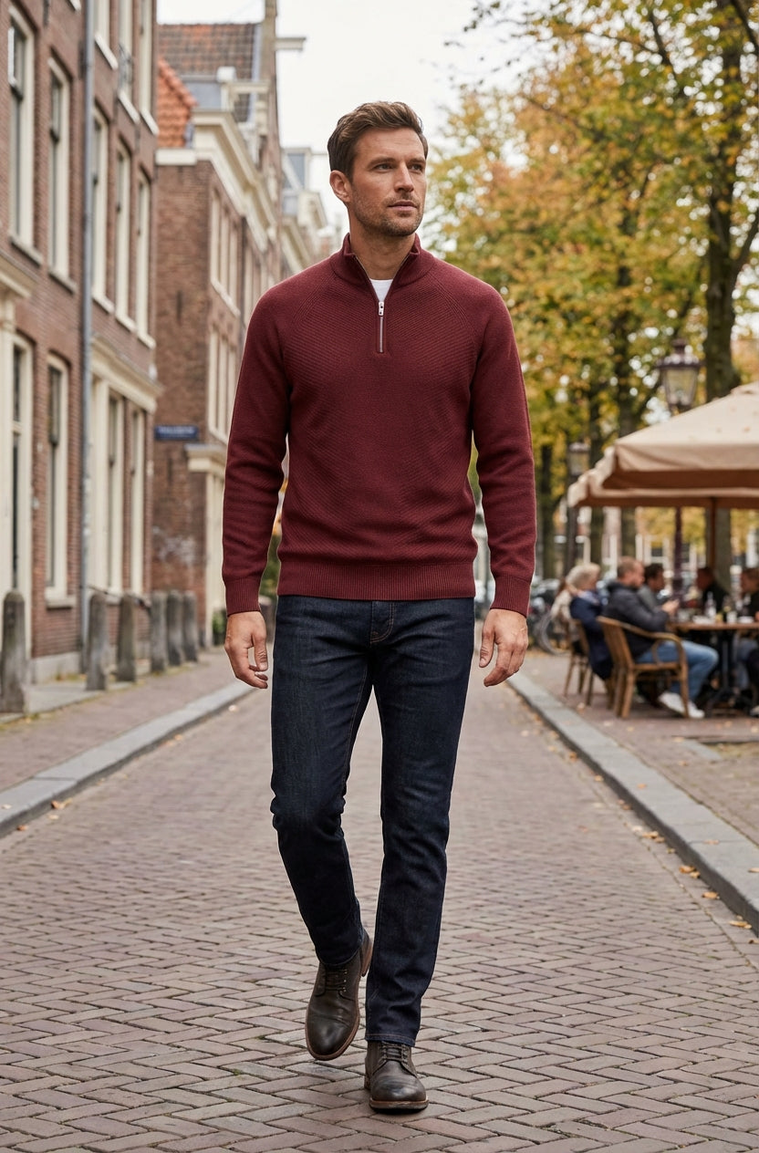 Men's Half-Zip Sweater with Stand-Up Collar – Burgundy